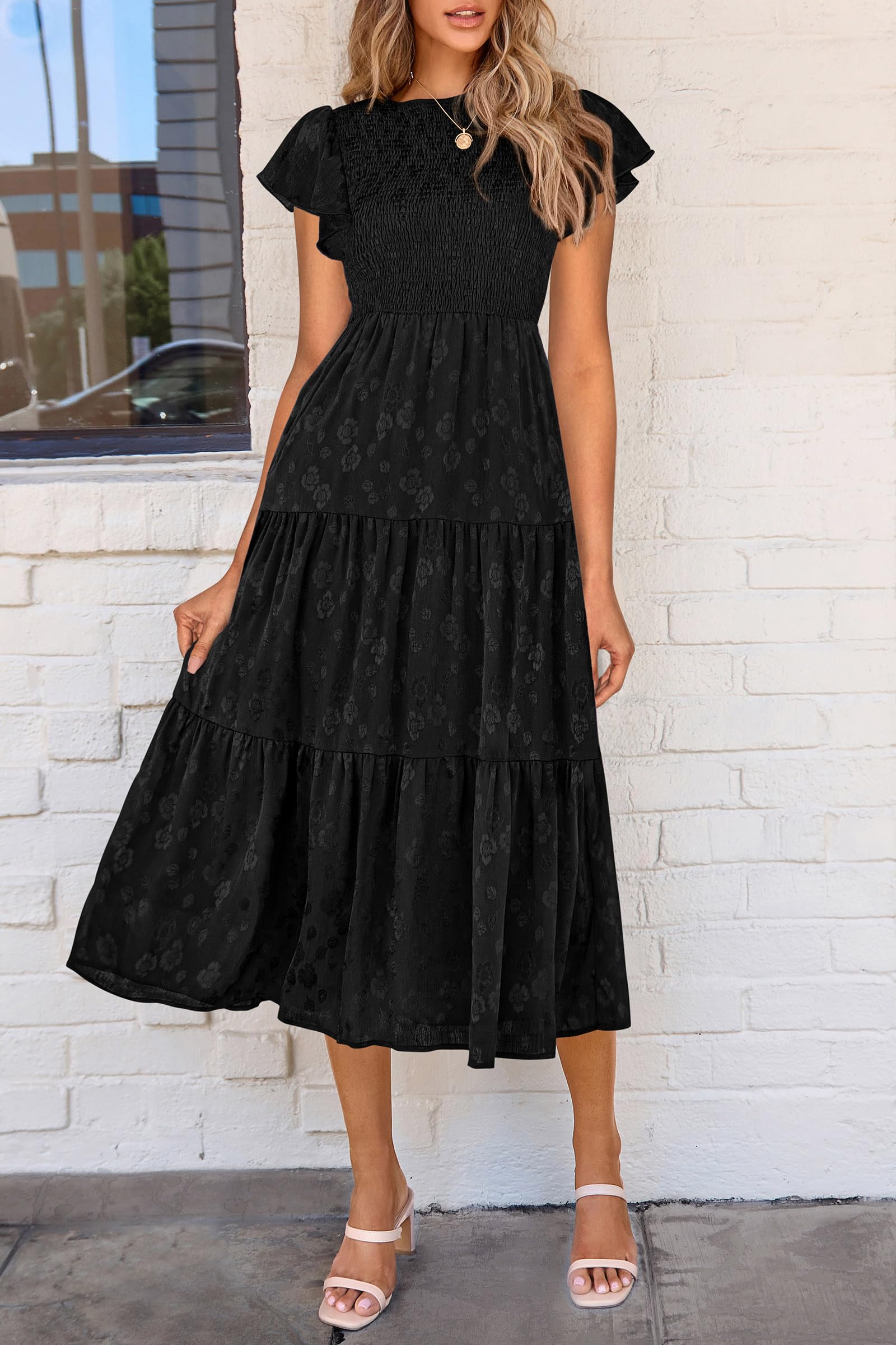 PRETTYGARDEN Women's Floral Midi Dress 2025 | Summer Cap Sleeve Smocked Ruffle A-Line Long Flowy Dress | Wedding Guest, Garden Party, Beach Coverup, Brunch Outfit