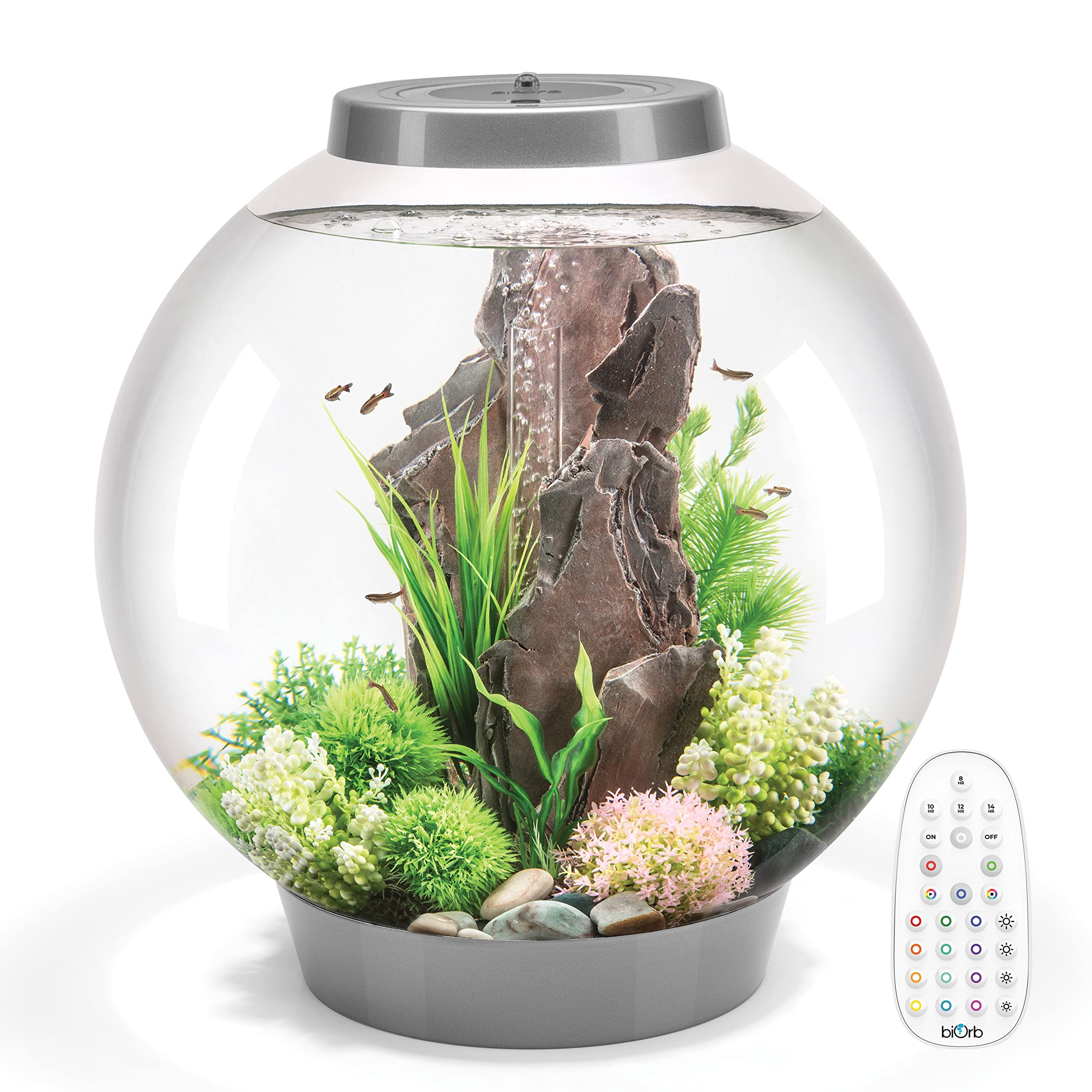biOrb Classic 60 - 16 Gallon Acrylic Aquarium with Remote-Controlled Multi-Color LED Lights | Modern Tabletop Fish Tank for Home & Office Decor | Silver Finish | Perfect for Small Spaces, Living Rooms & Desktop Displays