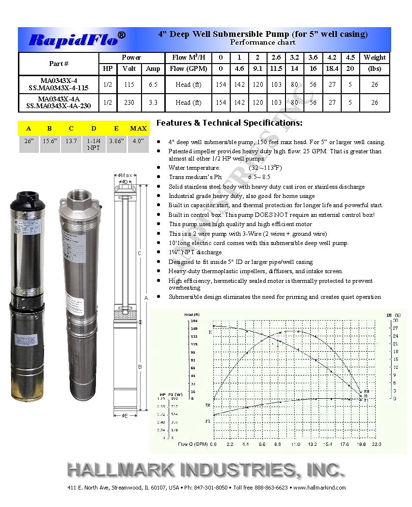 Hallmark Industries MA0343X-4A 1/2 HP Deep Well Submersible Pump - 230V, 60Hz, 25 GPM, 150ft Head, Stainless Steel, 4 Inch - Ideal for Residential Water Supply, Irrigation & Farm Use