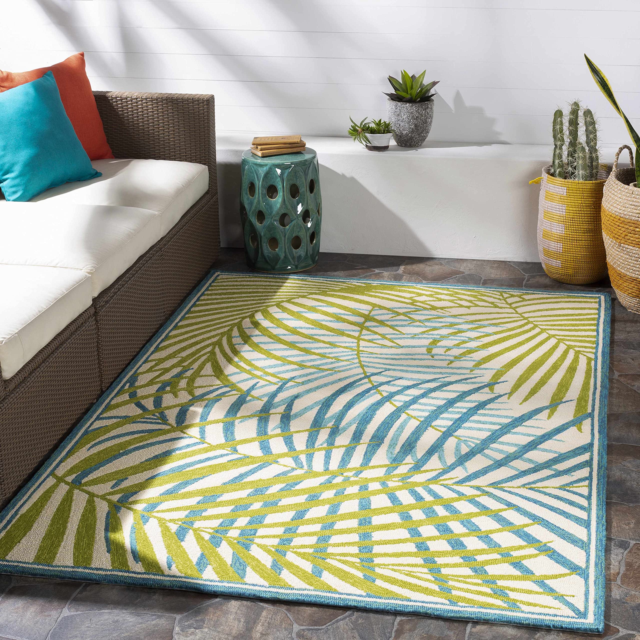 Hauteloom Castlerock Indoor Outdoor Area Rug - Soft Beige, Green, Blue Design - 9' x 12' - Perfect for Living Room, Bedroom, Patio & Deck Decor