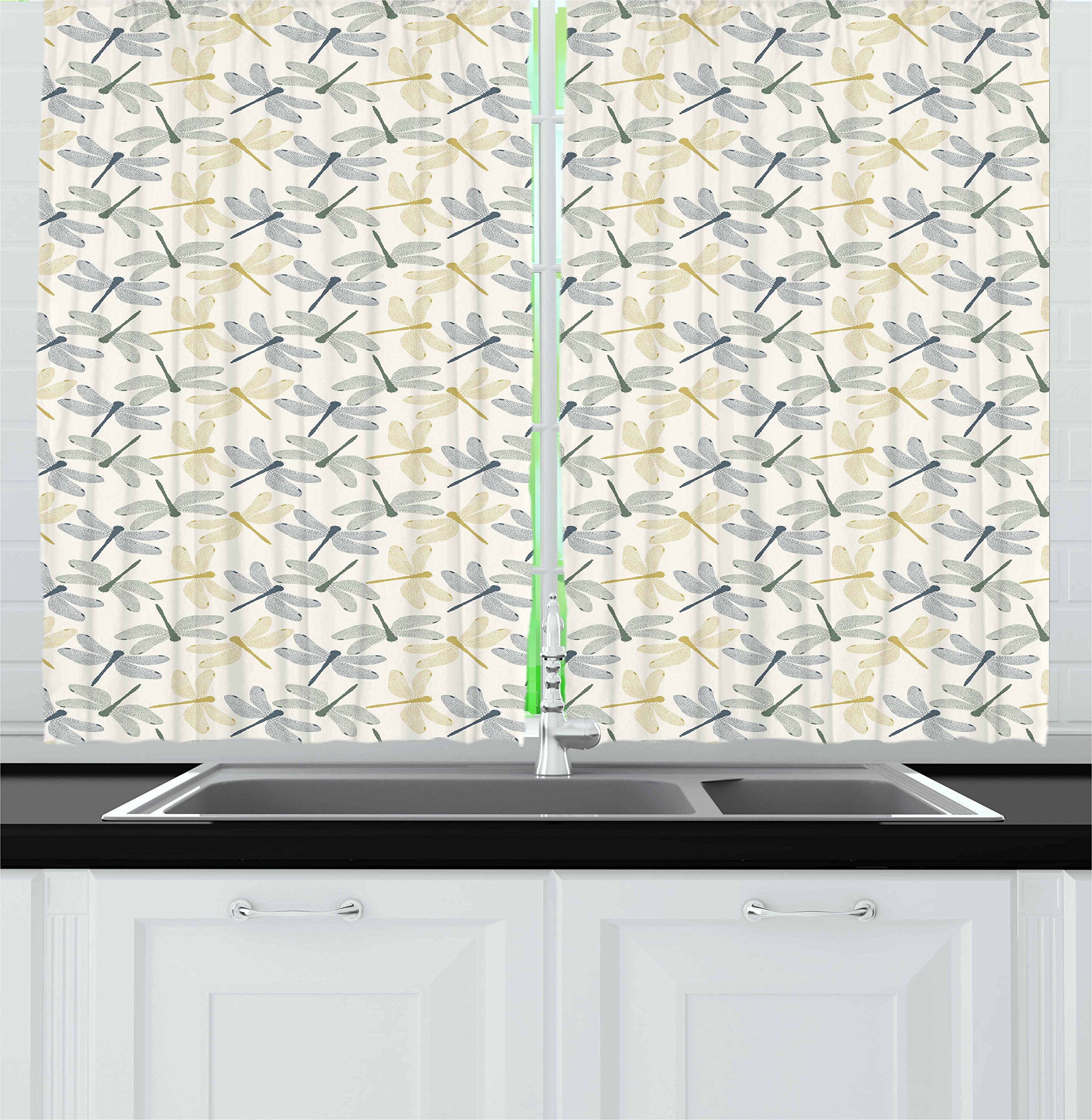 Ambesonne Dragonfly Kitchen Curtains Set of 2 Panels - Colorful Exotic Insect Silhouettes with Nature-Inspired Design, 55