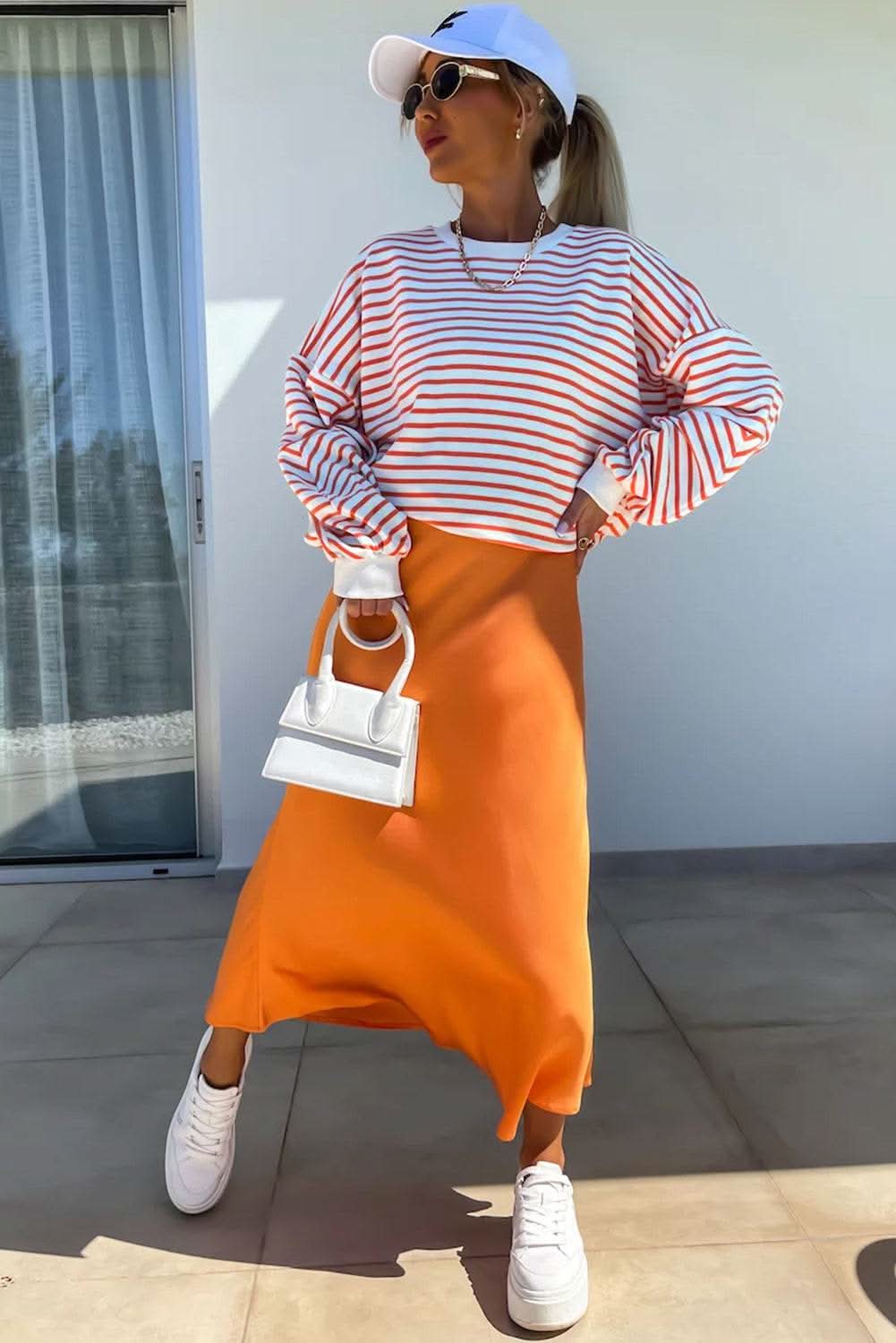 Stylish Orange Striped Oversized Sweatshirt for Women - Cozy & Trendy Pullover for Casual Wear, Loungewear & Street Style Fashion