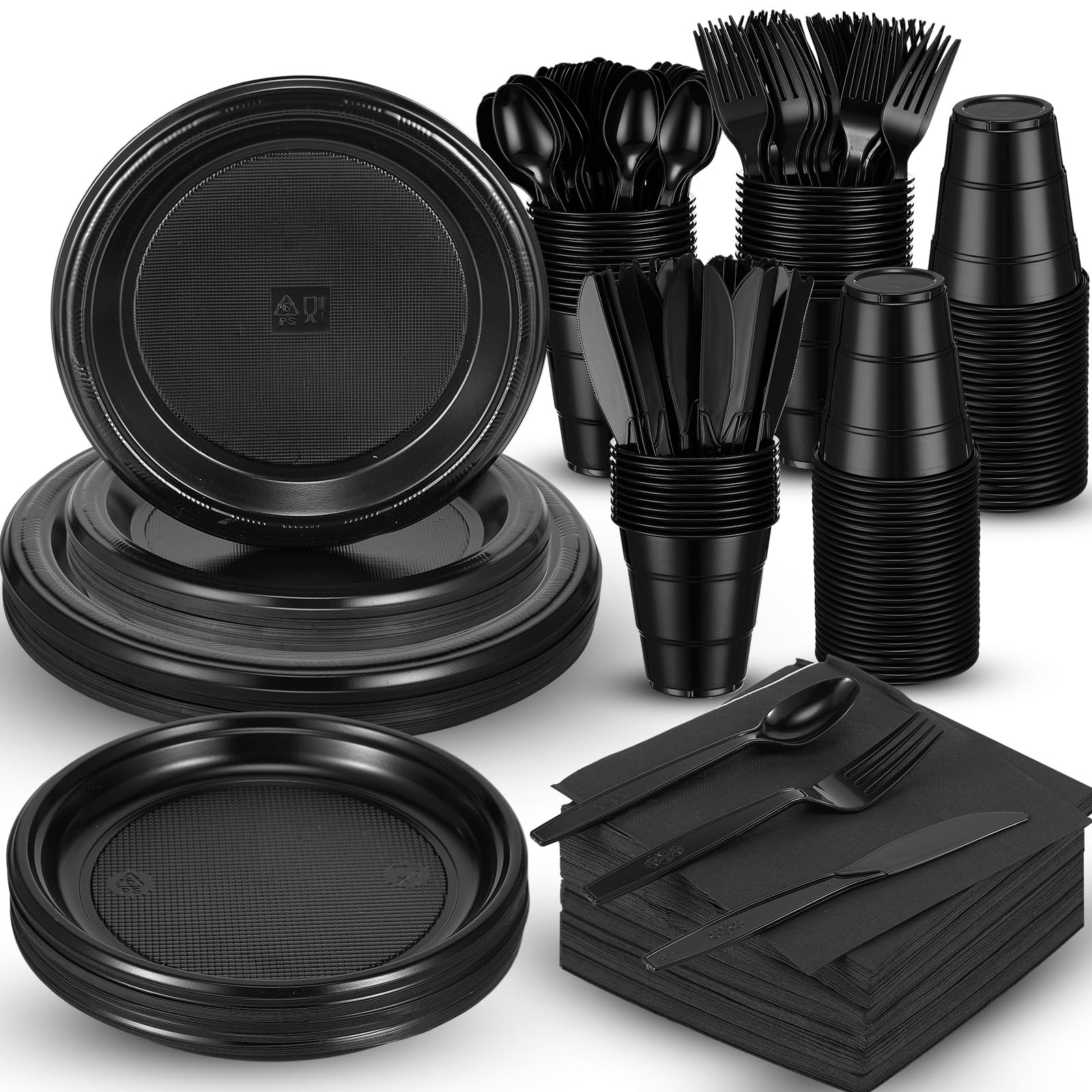 Yaomiao 360-Piece Black Disposable Plastic Dinnerware Set - 50 Dinner Plates, 50 Salad Plates, 50 Cups, 50 Forks, 50 Knives, 50 Spoons & 60 Napkins - Perfect for Birthday Parties, Weddings, Anniversaries & Large Gatherings - Serve 50 Guests with Elegant Tableware