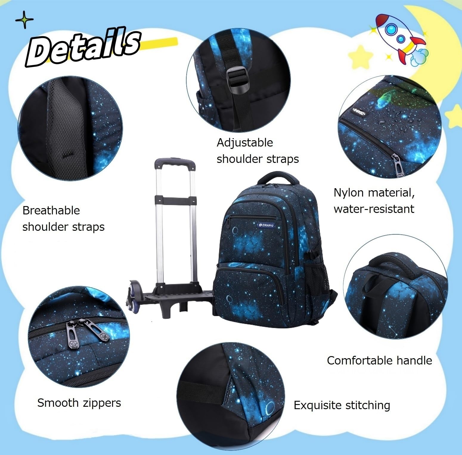 3Pcs Starry Sky Rolling Backpack for Boys - Wheeled School Backpack with 6 Wheels, Trolley Bookbag & Lunch Bag - Perfect for School, Travel & Daily Commute