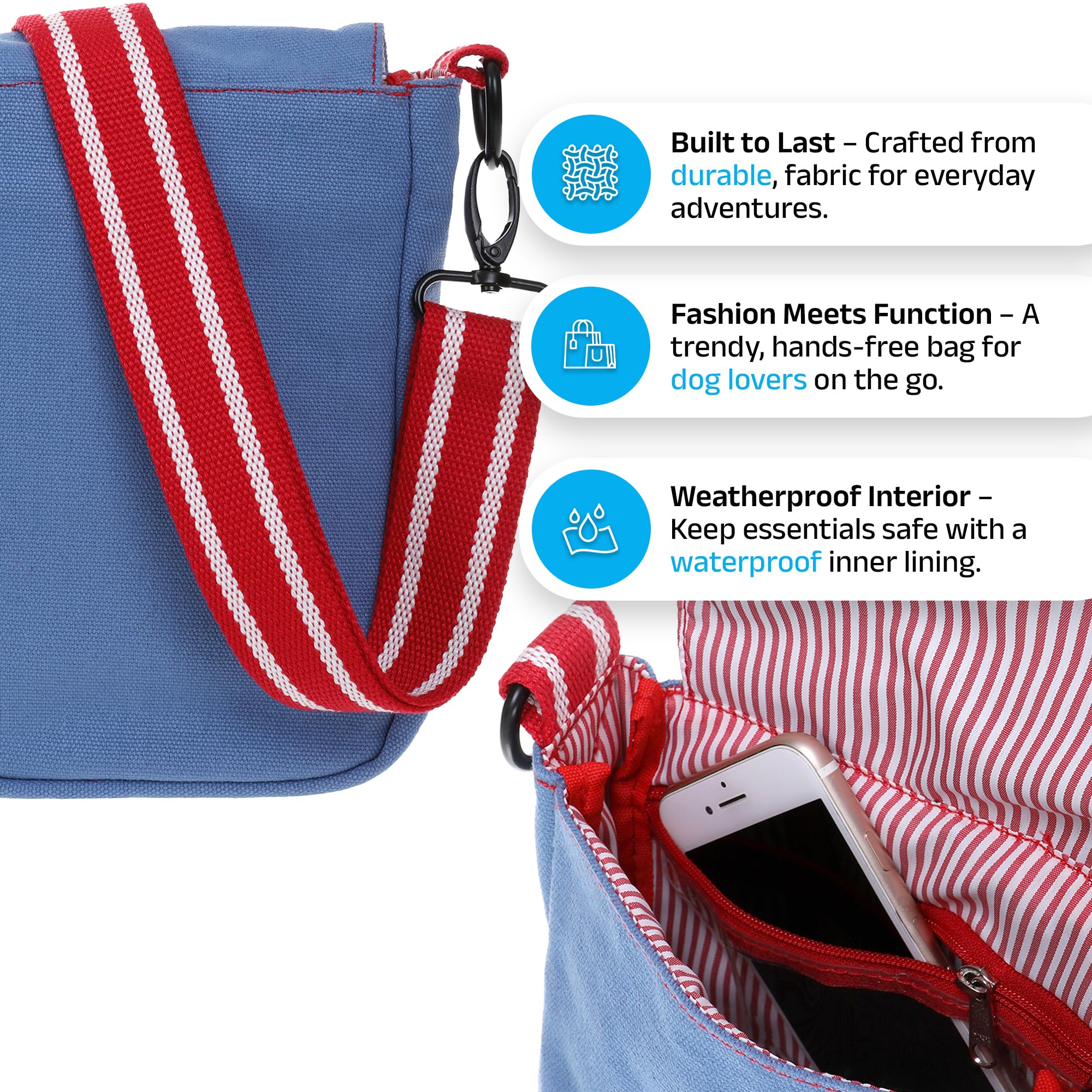 DOOG Adjustable Shoulder Walkie Bag with Poo Bag & Water Bottle Pockets - Light Blue Dog Walking Accessory for Outdoor Adventures, Hiking & Daily Walks
