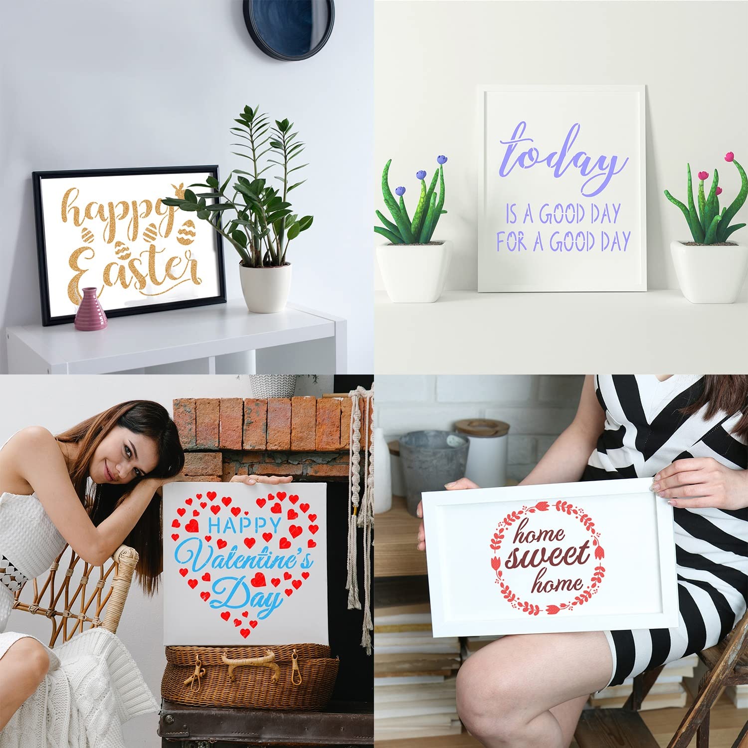 16-Piece Reusable Seasonal Home Sign Stencils Kit - 11 Inch Decorative Painting Templates for Wood, Walls & Doors - Perfect for Christmas, Halloween, Fall & Spring Festival DIY Home Decor