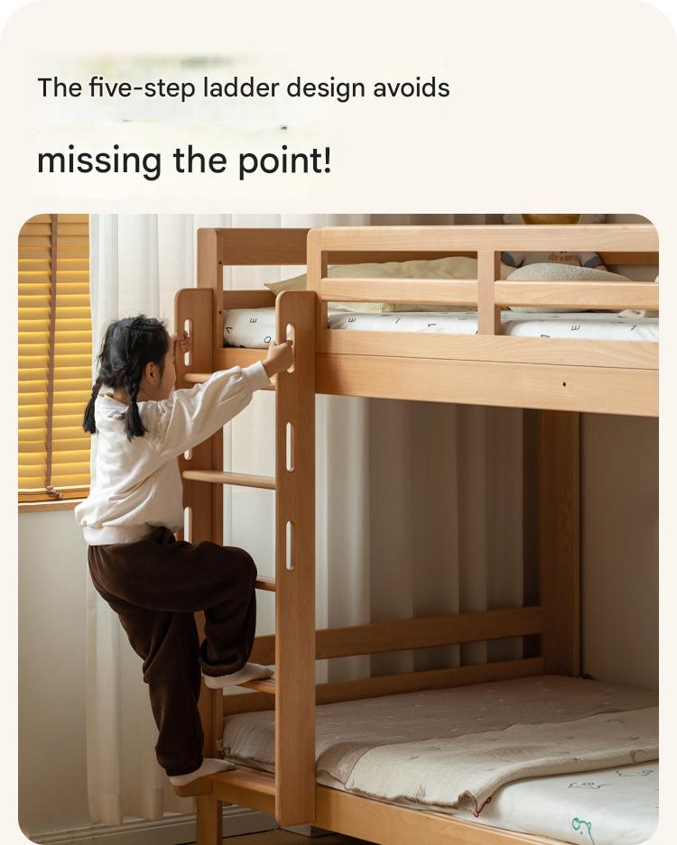 Solid Wood Bunk Bed - Beech & Birch Twin/Full Size - Space-Saving Kids & Guest Room Furniture for Small Bedrooms & Vacation Homes