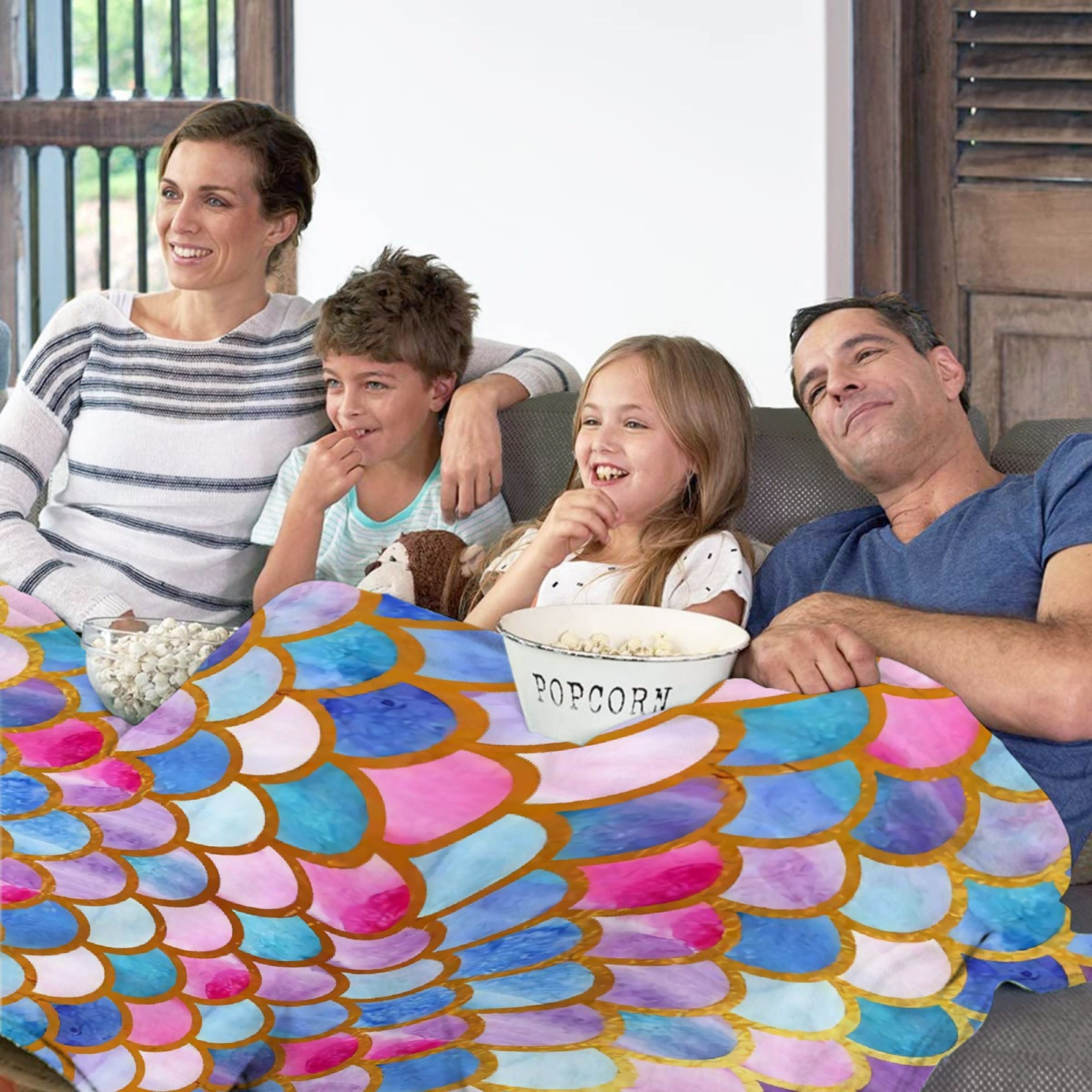 **ARNOVIC Mermaid Fish Scale Blanket - Soft Flannel Throw for Girls & Women, 90x120 Inch King Size, Cozy Warm Mermaid Print Blanket for Bedroom, Living Room Decor, Perfect for Gifts, Sleepovers & Movie Nights**