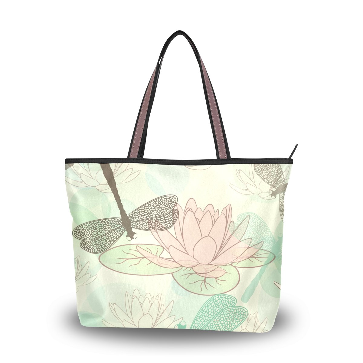 Large Shoulder Bag for Women - Beach Travel Tote with Lotus Flower & Dragonfly Print - Perfect for Vacation, Shopping, and Daily Use