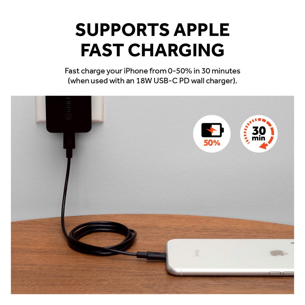 Griffin USB-C to Lightning Cable 3FT - Fast Charging & Sync for iPhone, iPad - Durable Nylon Braided Black Cable for Home, Office, Travel