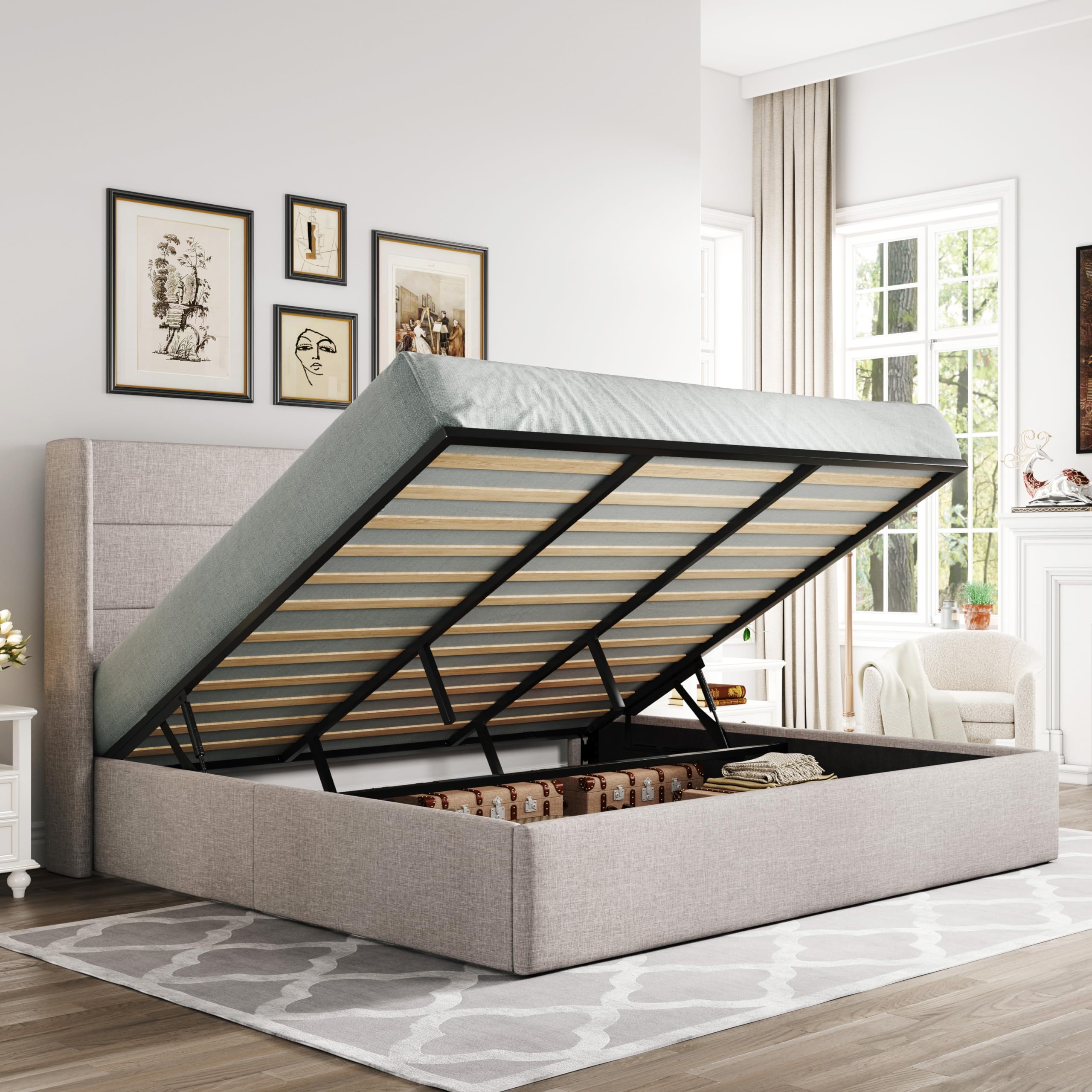 Allewie King Size Lift Up Storage Bed with Modern Wingback Headboard - Hydraulic Support, No Box Spring Needed, Light Beige - Perfect for Small Spaces & Bedroom Organization