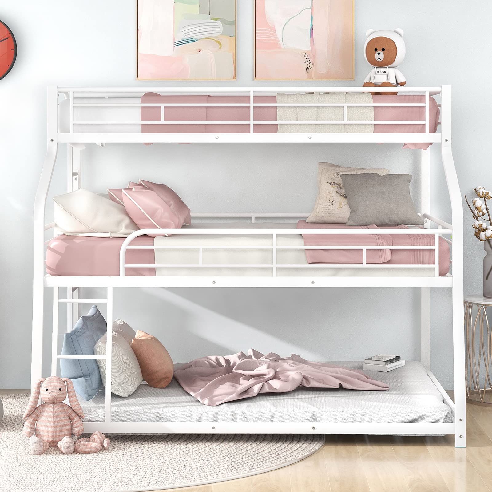 Hommoo Twin Over Full Over Queen Triple Bunk Bed with 2 Ladders - Sturdy Metal Steel Frame - Space Saving 3 Tier Bunk Bed for Kids & Adults - White - Perfect for Dormitories, Hostels & Small Bedrooms