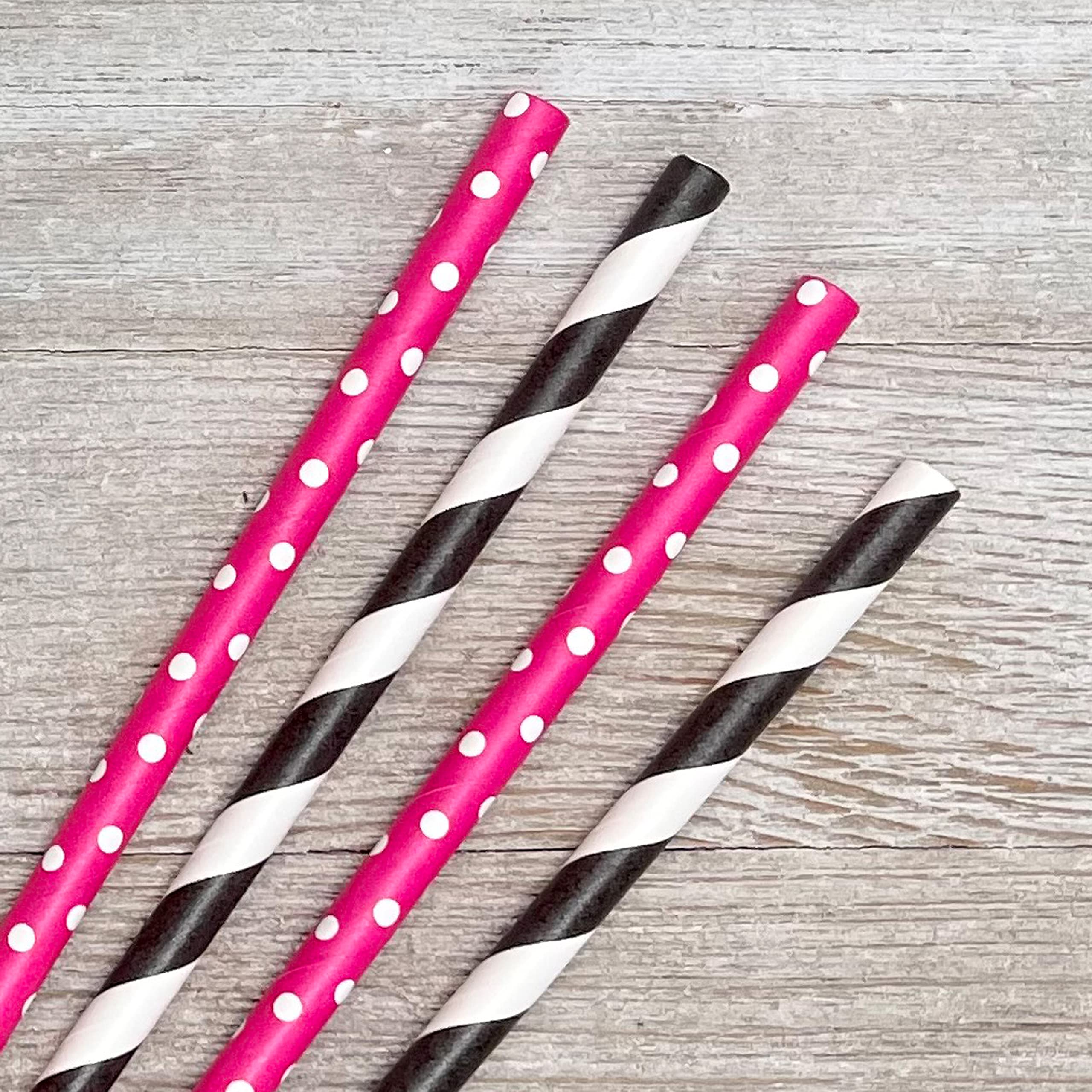 Diva Theme Stripe & Polka Dot Paper Straws 7.75 Inch - 100 Pack Hot Pink, Black & White - Perfect for Birthday Parties, Baby Showers & Wedding Decorations