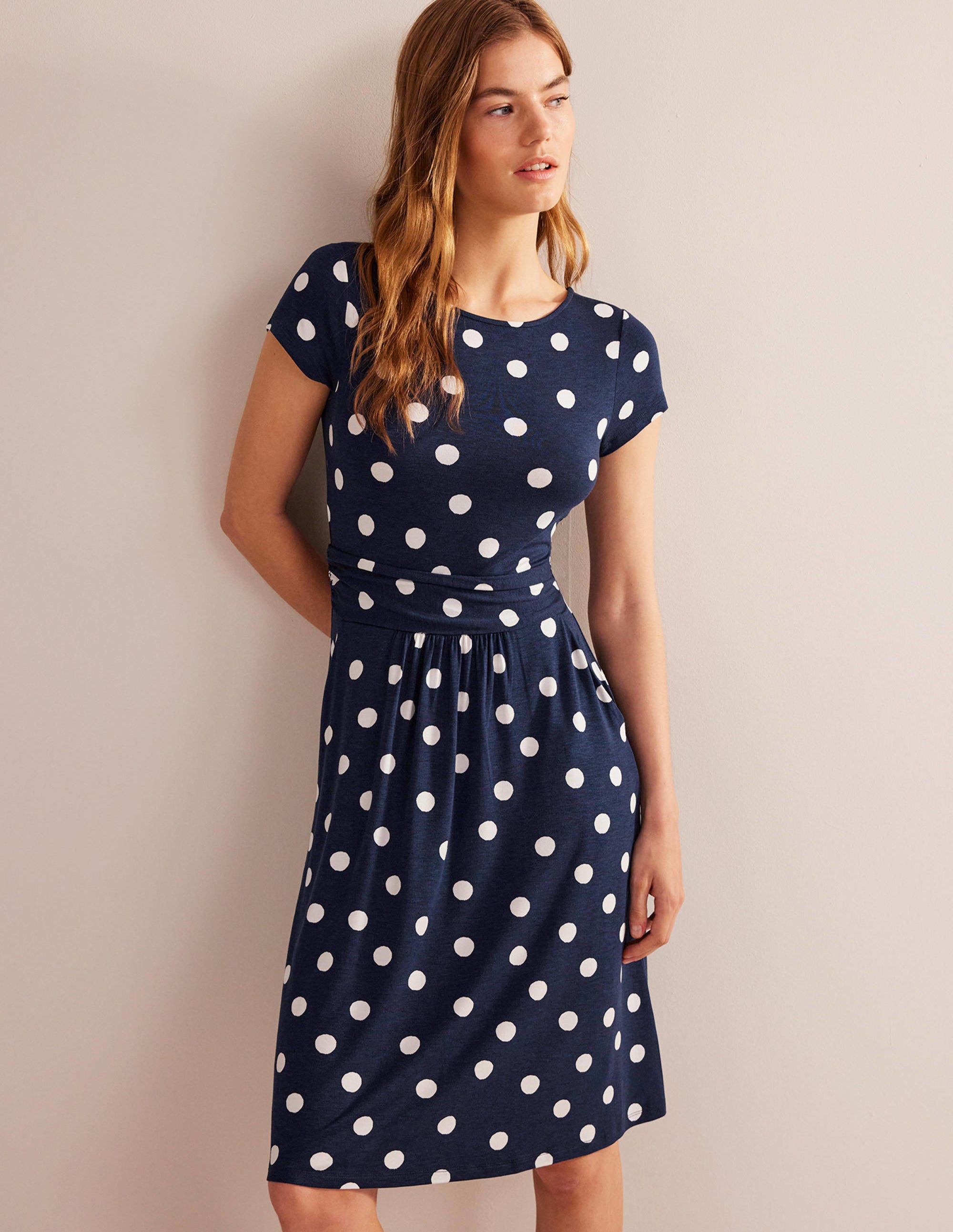 Amelie Jersey Dress French Navy with Painterly Spot Print - Comfortable & Stylish Women's Dress for Casual Outings & Summer Parties
