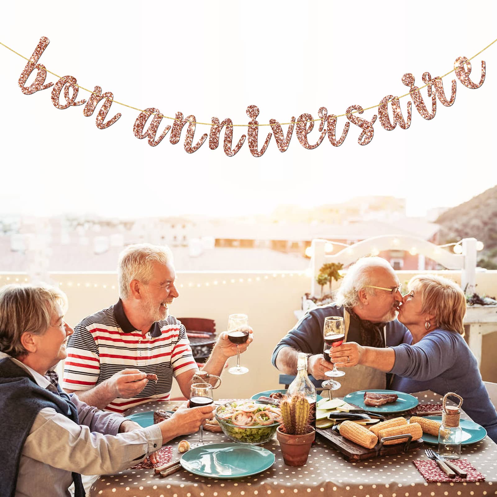 INNORU Bon Anniversaire Banner - French Themed Birthday Party Decorations with Rose Gold Glitter | Anniversary Bunting Garland for Wedding, Baby Shower & Special Events