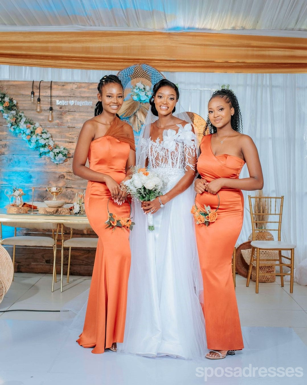 Elegant Mismatched Orange Mermaid One Shoulder Maxi Long Bridesmaid Dresses for Wedding Party - WG1866 | Formal Evening Gowns for Beach Weddings, Prom, and Special Occasions