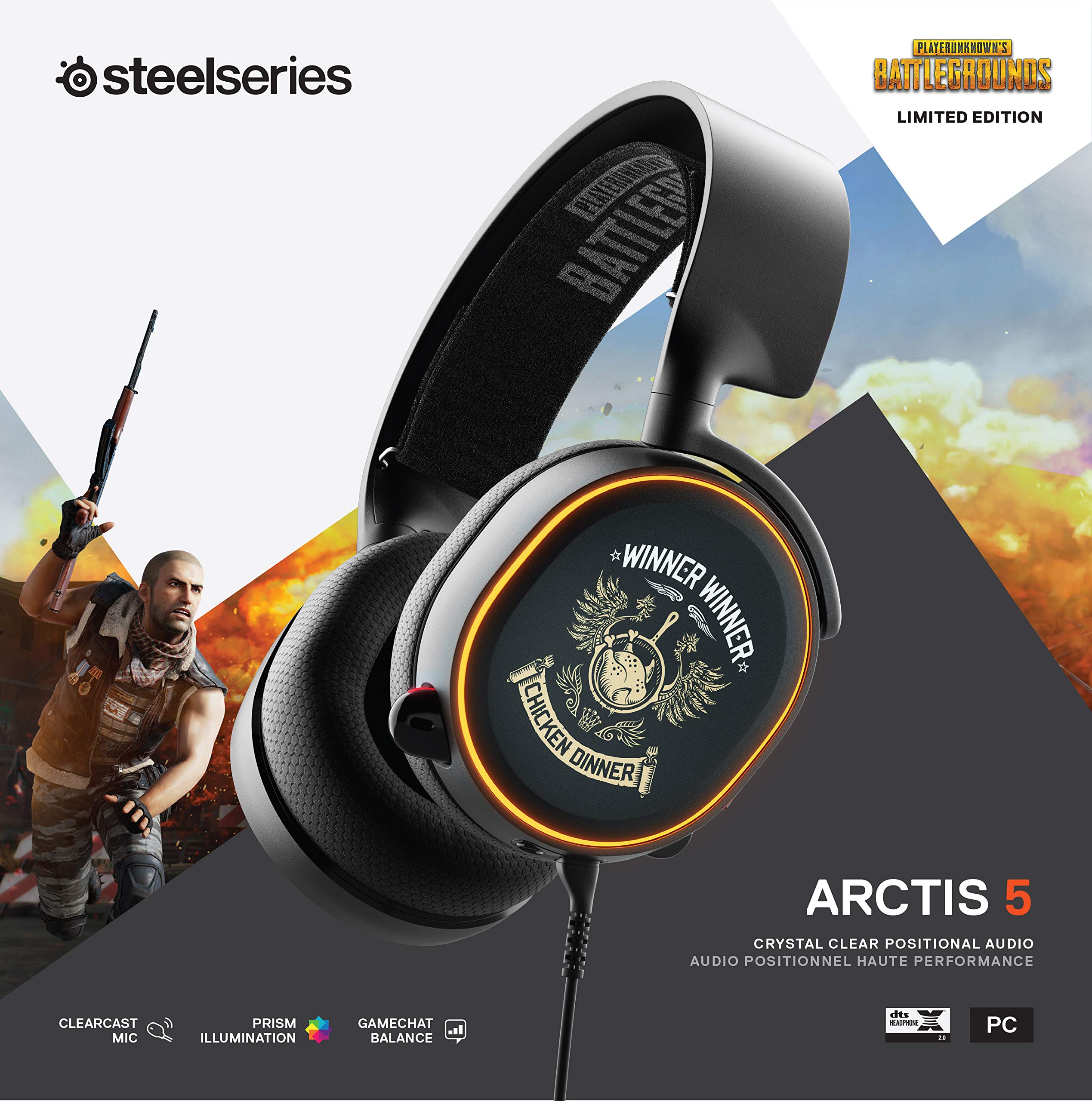 SteelSeries Arctis 5 PUBG Limited Edition Gaming Headset with RGB Lighting & DTS Headphone:X v2.0 Surround Sound - Noise Cancelling Mic for PC, PS4, Xbox - Perfect for FPS Gaming, Streaming & Esports Tournaments