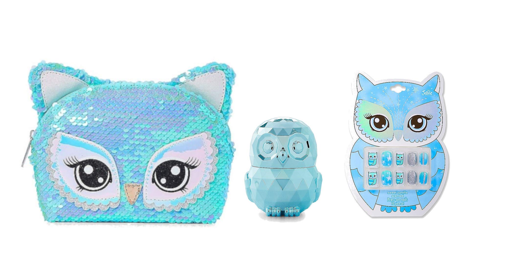 Owl 3pc Sequin Cosmetic Gift Set - Lip Gloss, Nails & Bag for Party, Travel & Everyday Use