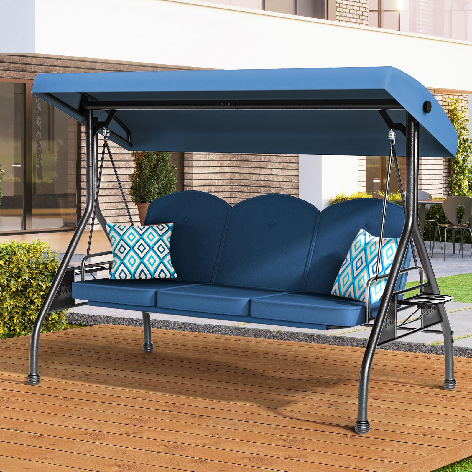 3-Seat Outdoor Porch Swing with Stand - 800lb Capacity 2-in-1 Patio Glider Chair with Adjustable Canopy & Removable Cushions - Heavy Duty Steel Frame for Yard, Garden, Deck or Backyard Relaxation (Blue, Round Tube Design)