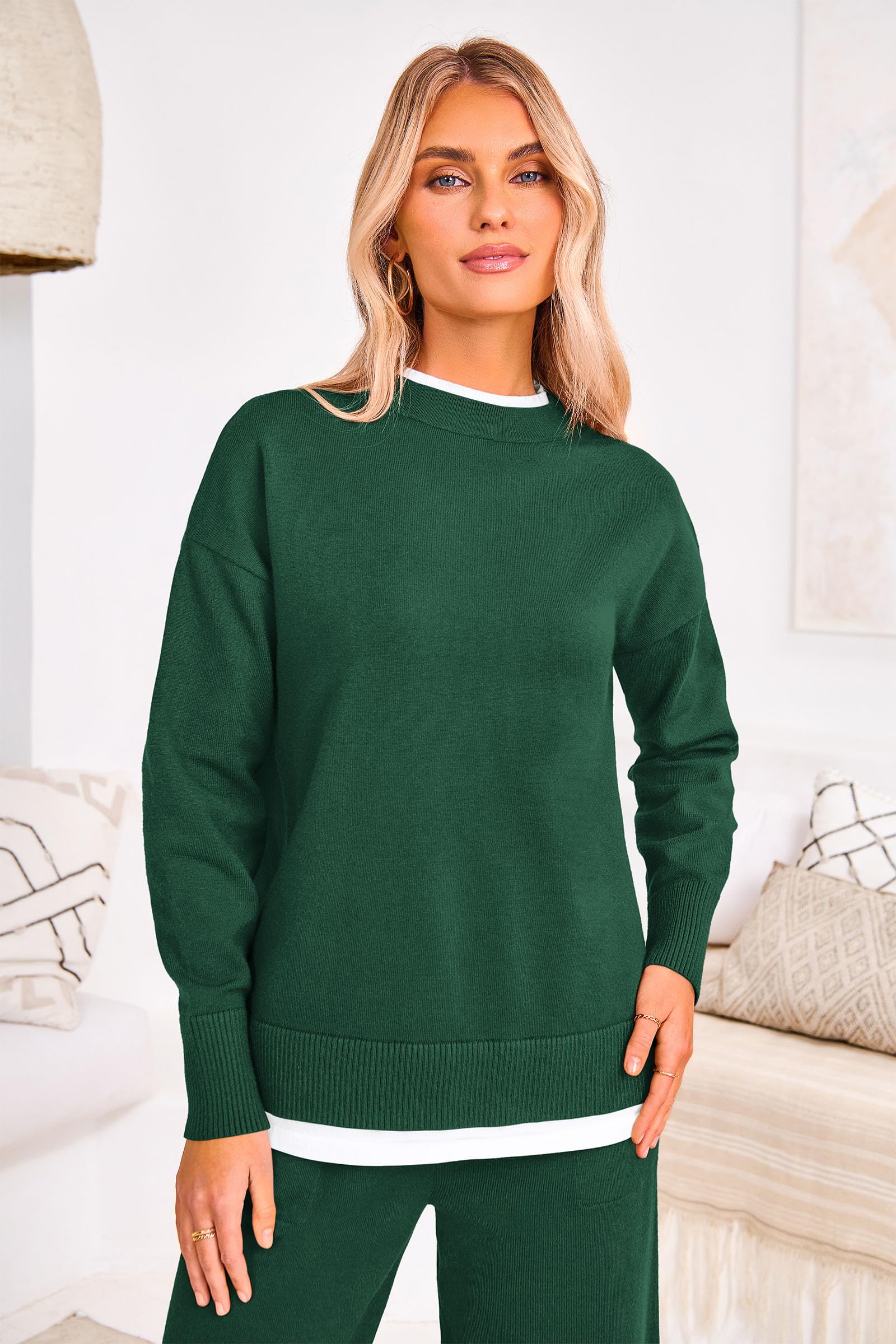 PRETTYGARDEN Women's Winter Knit Sweater & Wide Leg Pants Lounge Set - Cozy Two Piece Matching Outfit with Long Sleeve Pullover Top for Home, Travel & Casual Wear