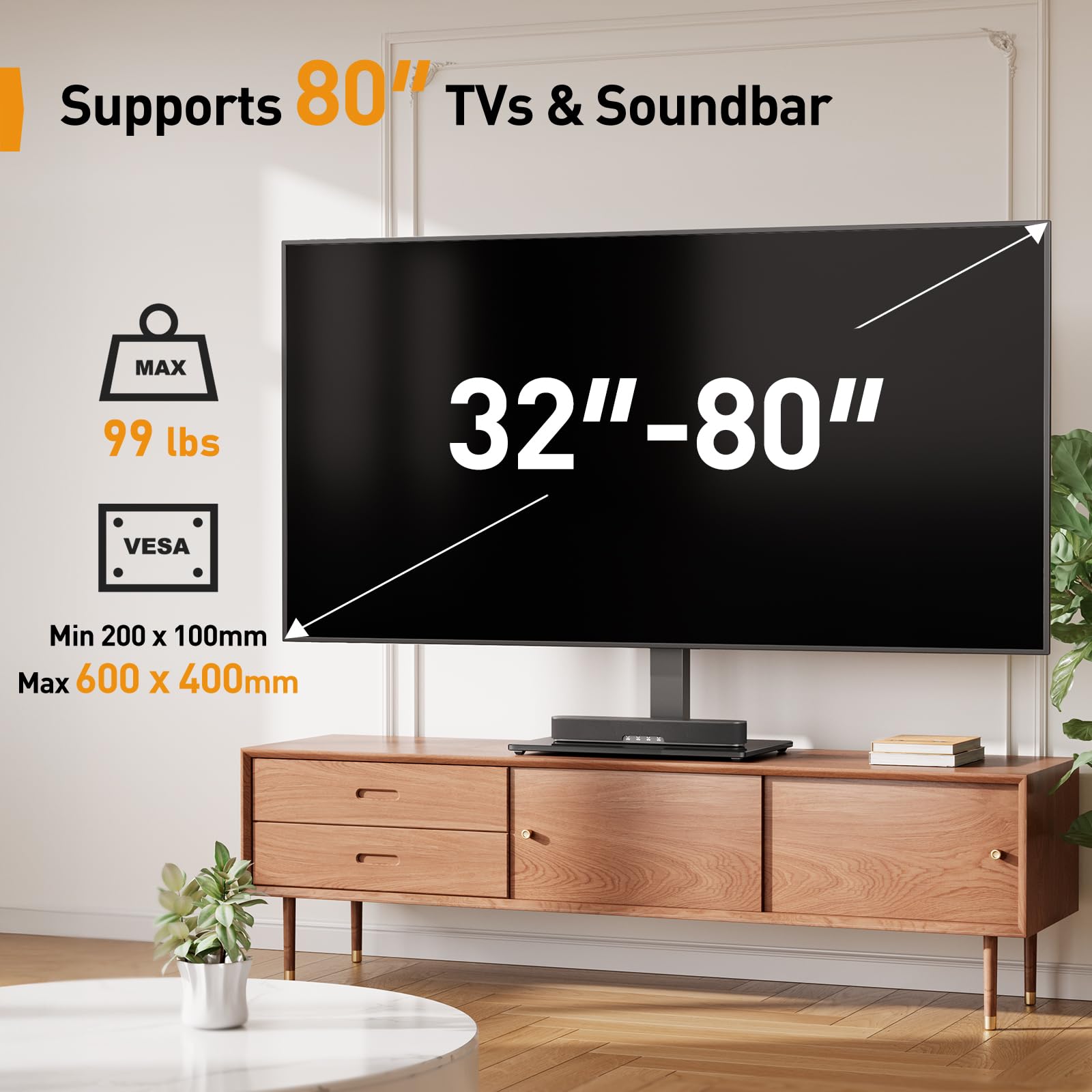 Perlegear Universal TV Stand with Power Outlet - Swivel Base for 32-80 inch TVs up to 99 lbs - Tempered Glass TV Stand with Height Adjustment & Max VESA 600x400mm (PGTVS31) - Perfect for Living Room, Bedroom, or Office Entertainment Setup