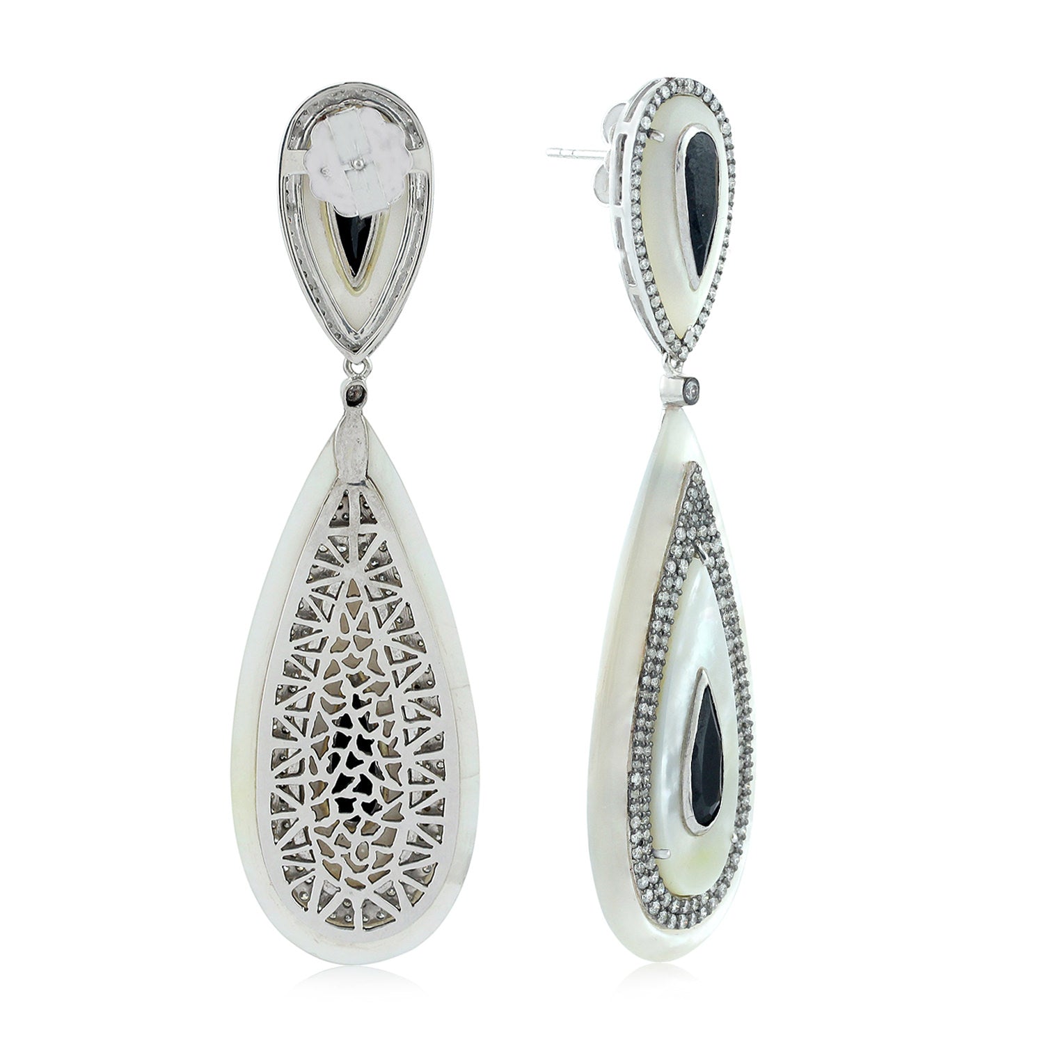 18K White Gold Black Spinel & Mother of Pearl Tear Drop Earrings with Pave Diamonds | Elegant Dangle Earrings for Weddings, Parties & Special Occasions