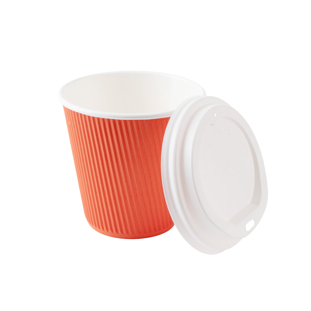 8 oz Tangerine Orange Ripple Wall Paper Coffee Cups with White Lids - 3.5