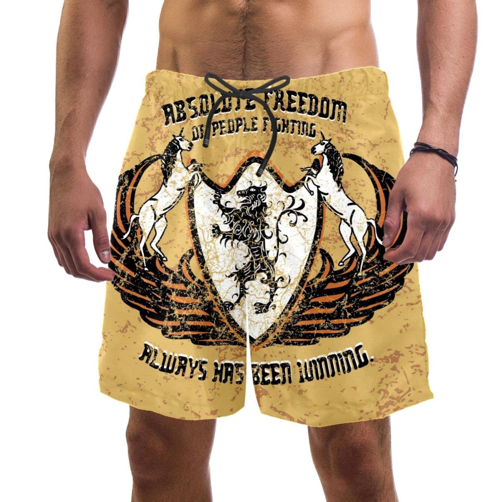 Men's Swim Trunks with Horse & Lion Badge - Elastic Waist Quick-Dry Board Shorts for Beach, Pool & Water Sports - Comfortable Swimwear with Pockets