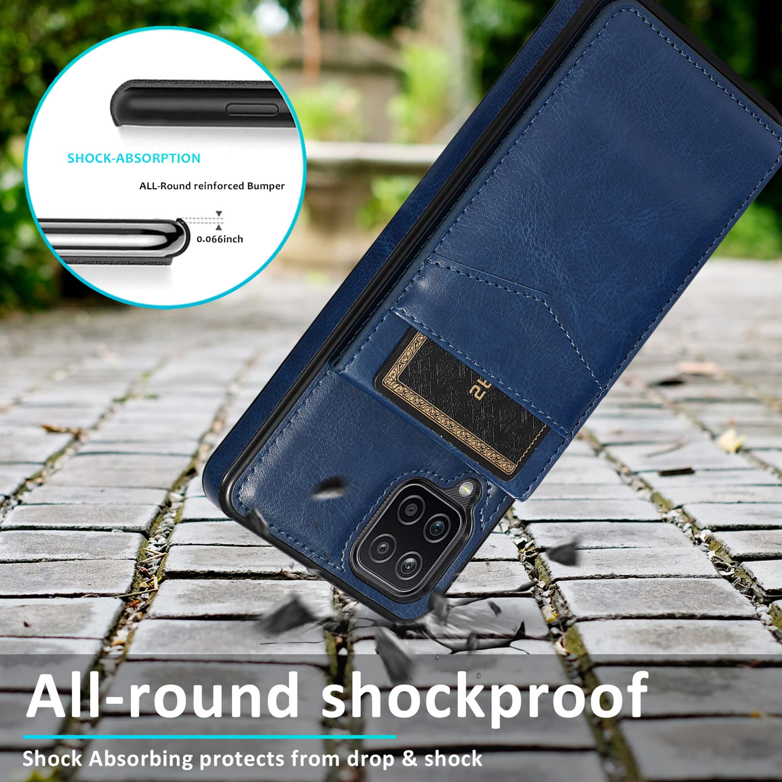 Samsung Galaxy A42 5G Phone Case with Tempered Glass Screen Protector, Credit Card Holder & Stand - Premium Leather Wallet Cover for Men & Women (Blue) - Perfect for Daily Use, Travel, and Hands-Free Viewing