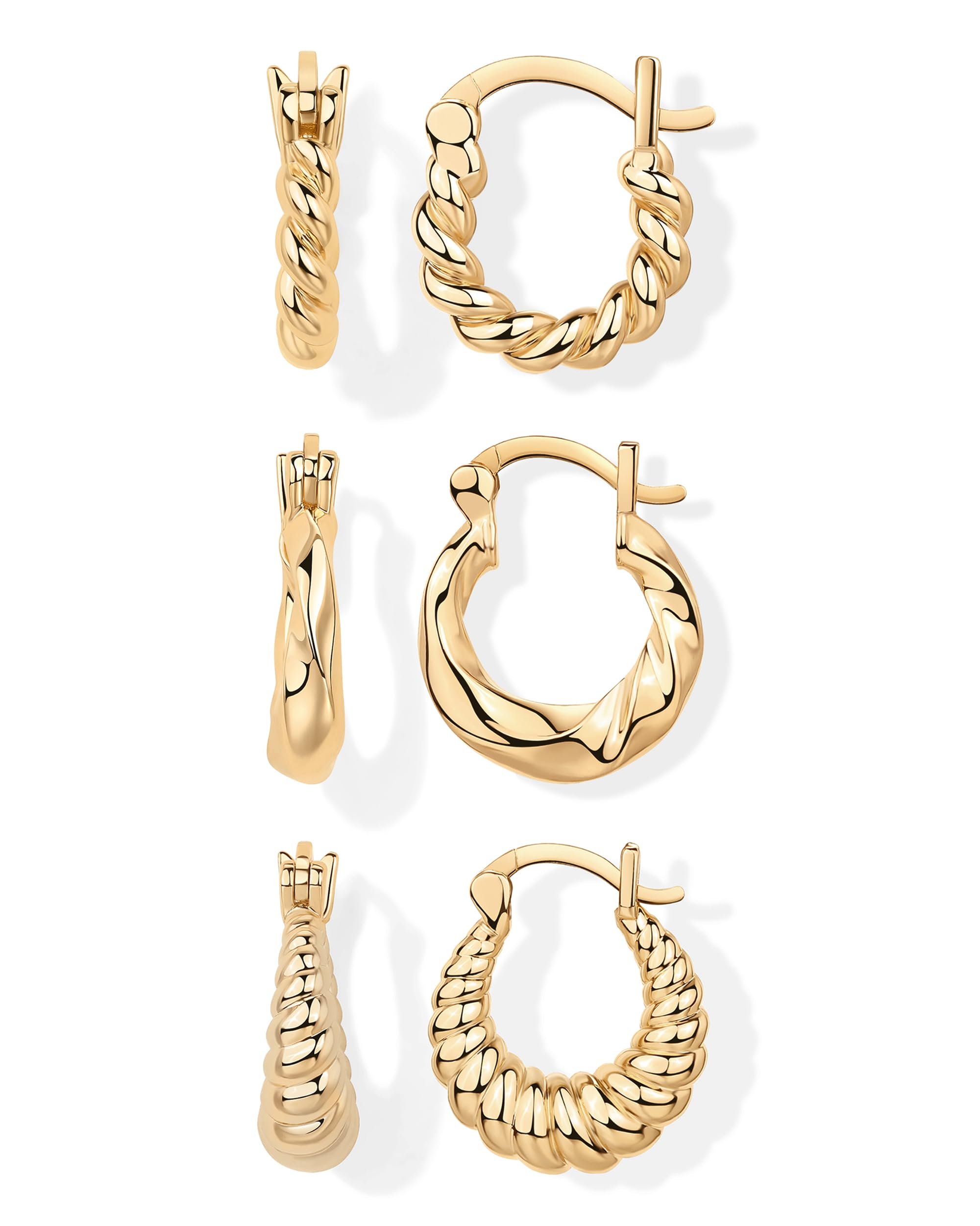 14K-18K Gold Plated Sterling Silver Small Hoop Earrings for Women - 3 Pairs Cubic Zirconia Rope Teardrop Huggie Earrings Set | Elegant Everyday Wear & Special Occasion Jewelry Gift