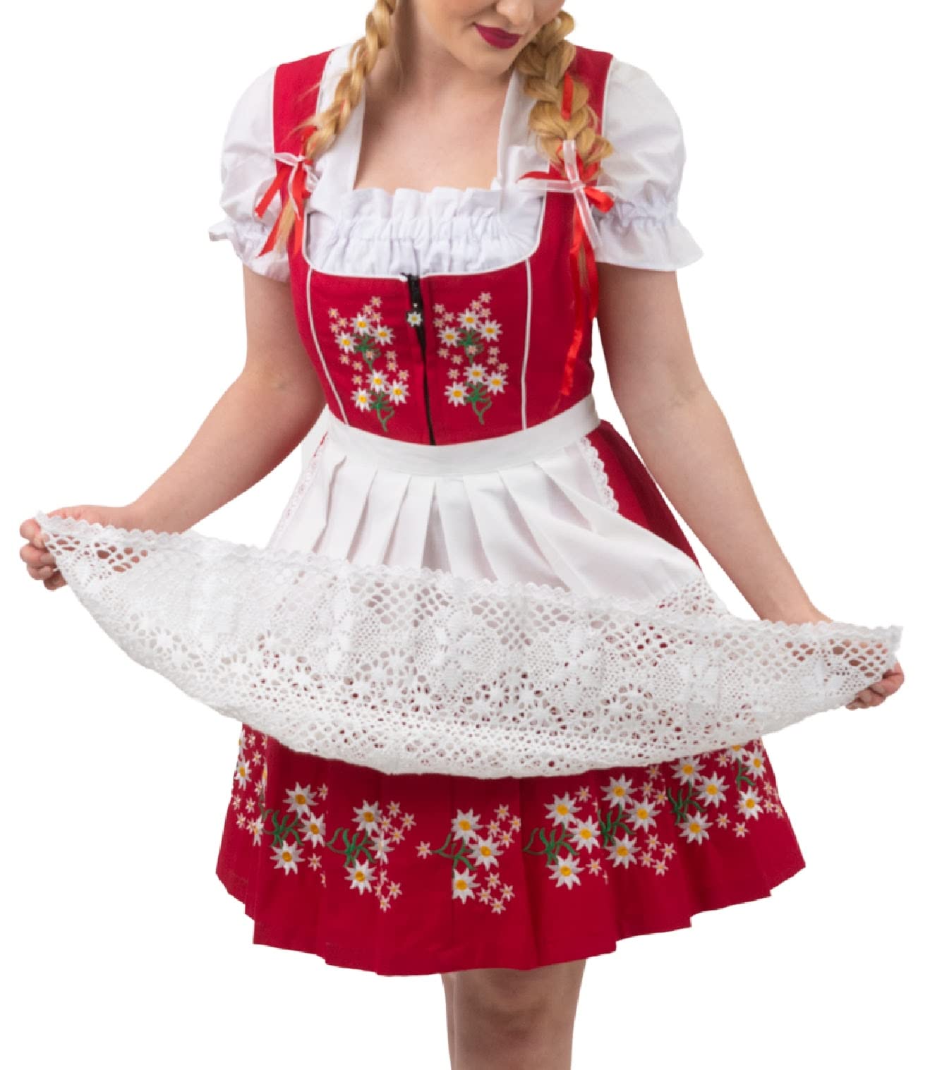 Women's Traditional Bavarian Dirndl Dress 3-Piece Set | Red Short Oktoberfest Costume with Blouse & Apron | Perfect for Oktoberfest, German Festivals & Themed Parties