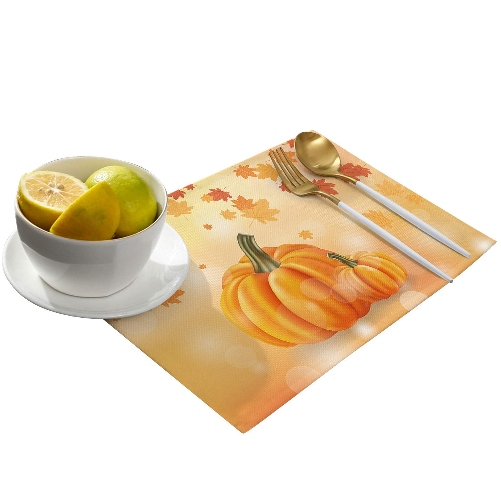 Thanksgiving Placemats Set of 4 - Maple Leaf Pumpkin Autumn Fall Table Mats for Dining, Washable & Durable for Indoor Outdoor Use - Perfect for Holiday Decor, Home Parties, Weddings & Thanksgiving Gatherings