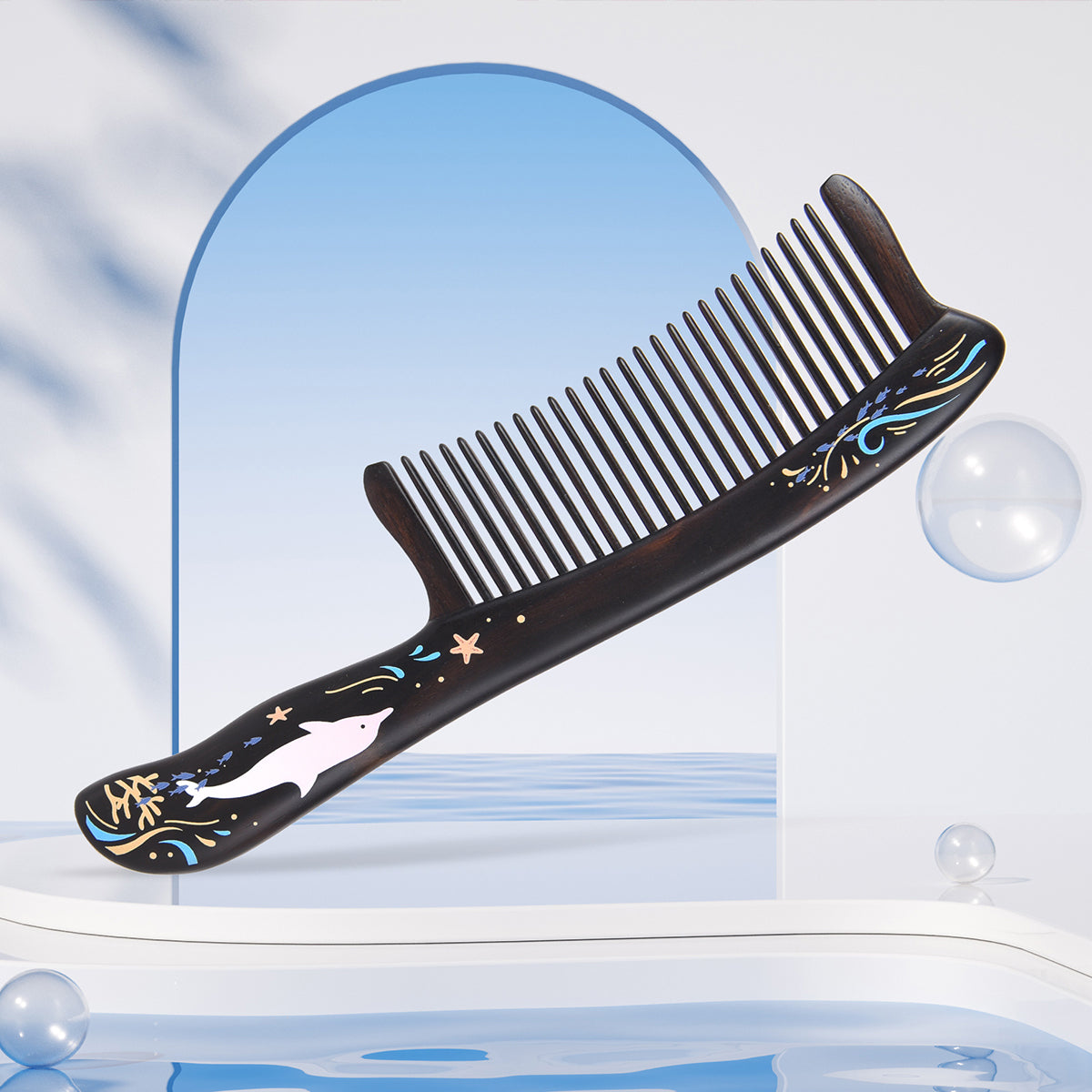 Premium Dolphin-Shaped Long Handle Wooden Hair Comb for Detangling & Styling - Perfect for Home, Travel, and Salon Use