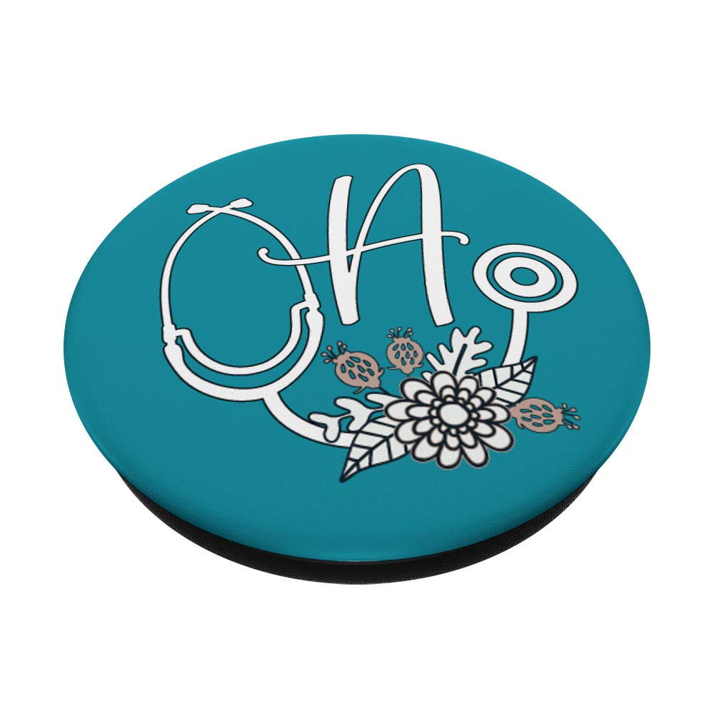 Monogram Initial A Floral Teal Stethoscope PopGrip - Swappable Phone Grip for Nurses & Medical Professionals | Perfect for iPhones, Samsung Galaxy & Tablets | Great Nursing Gift & Hospital Accessory