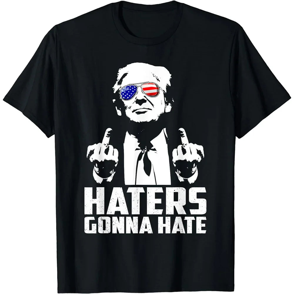 Funny Haters Gonna Hate Donald Trump Middle Finger Graphic T-Shirt - Men's & Women's Casual Polyester Tee - Perfect for Political Satire, Protest Rallies & Humorous Outfits