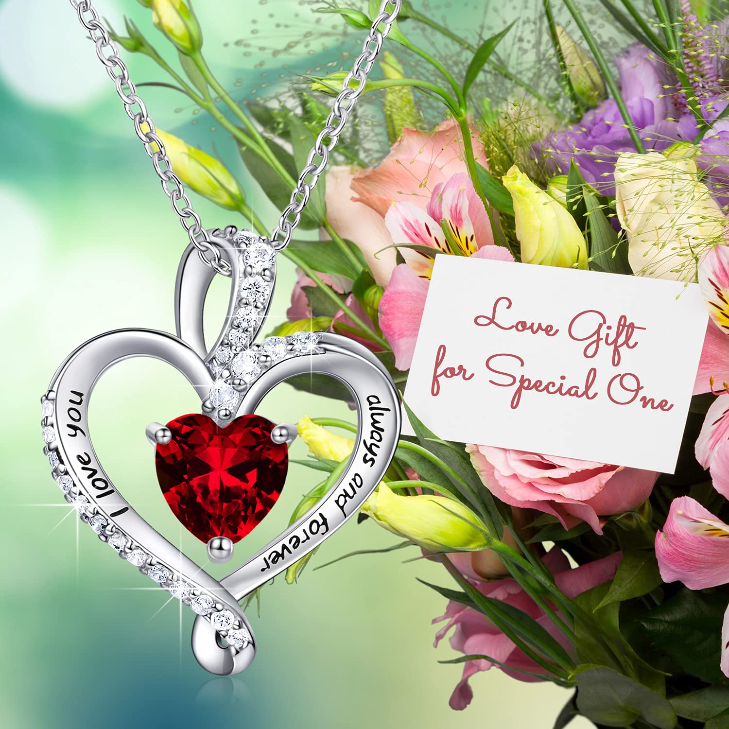 BlingGem Sterling Silver Heart Necklace for Women - 5A CZ Birthstone Pendant Jewelry, Perfect Gift for Mom, Wife, Girlfriend | Valentine's Day, Anniversary, Birthday Gift Idea | I Love You Always and Forever