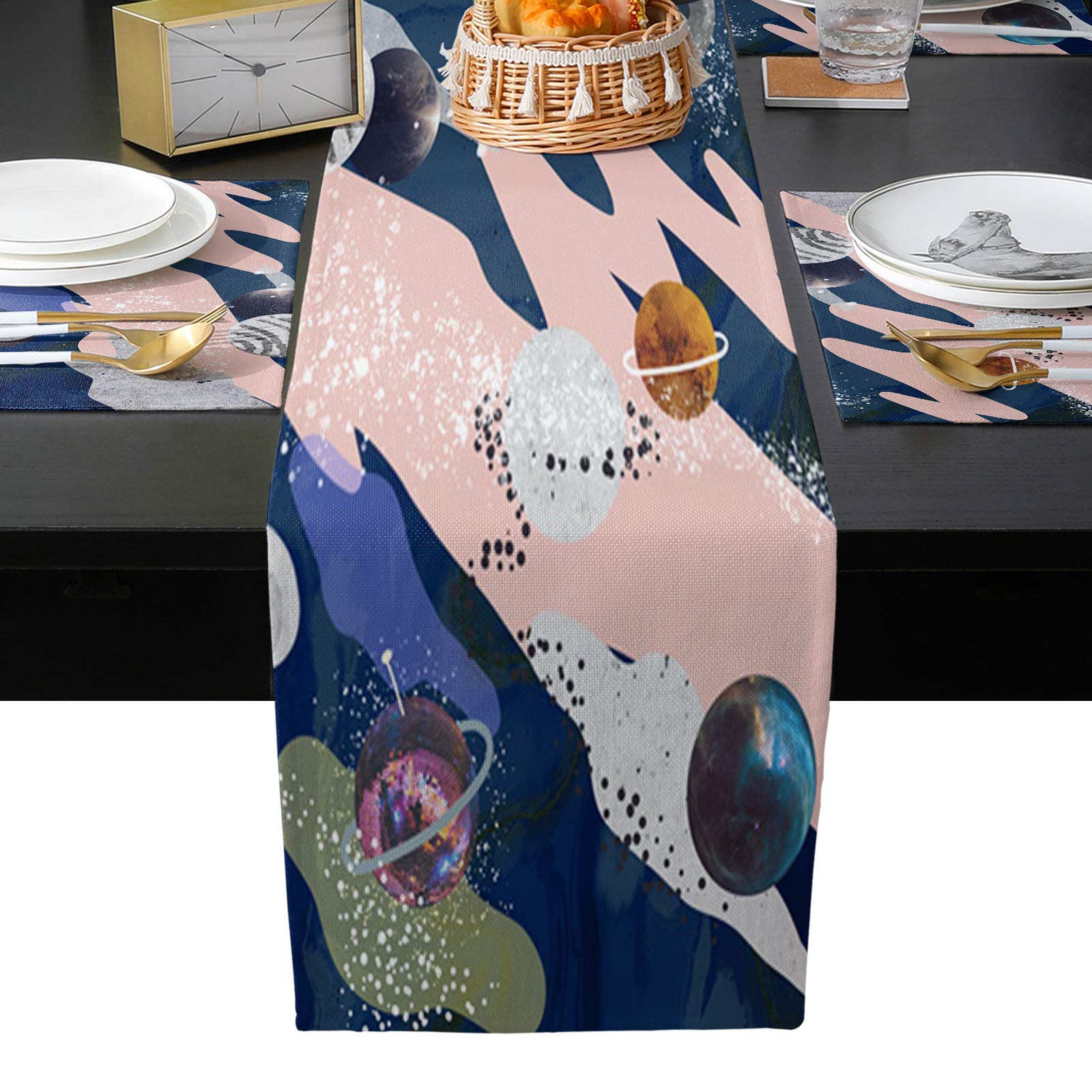 Watercolor Planet Table Runner & Placemats Set of 6 - 90''x13'' Runner + 13''x19'' Mats for Hot Plates, Pots & Dishes - Elegant Dining Table Decor for Weddings, Parties & Home Decor | Perfect for Formal Dinners & Holiday Entertaining