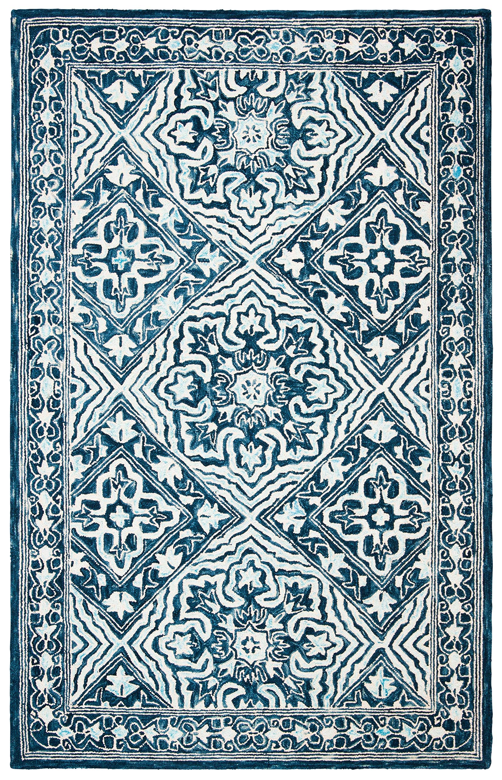 SAFAVIEH Trace Collection Handmade Wool Area Rug - 5' x 8' Navy & Light Blue, Non-Slip Living Room Rug, Bedroom Carpet for High Traffic Areas, Boho Chic Home Decor (TRC507N) - Perfect for Cozy Living Spaces & Guest Rooms