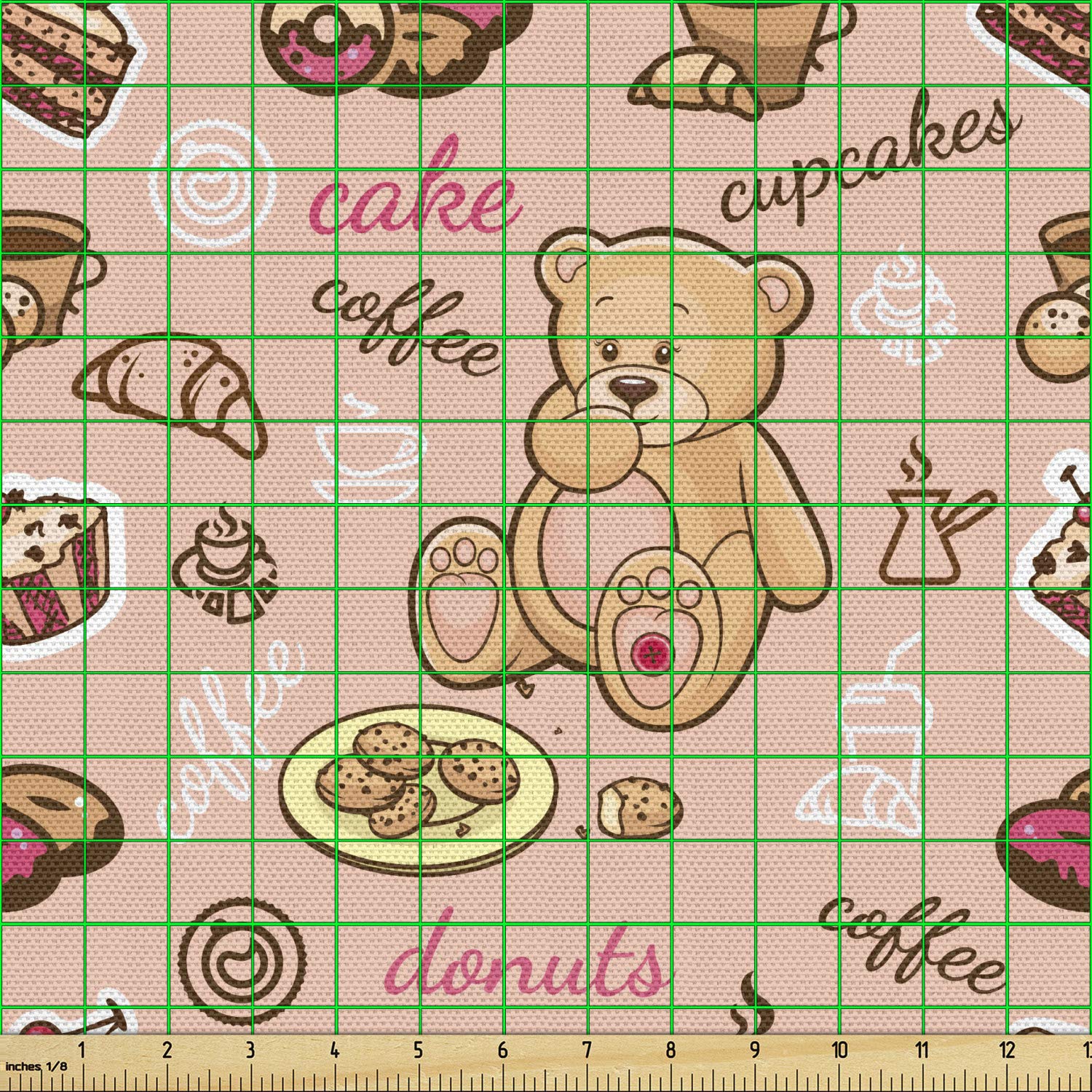 Ambesonne Dessert Fabric by The Yard - Teddy Bear Cupcakes Cookies Donuts Cakes Playroom Cartoon Print | Decorative Upholstery Fabric for Home Decor, DIY Projects & Crafting | 10 Yards, Brown Coral | Perfect for Kids' Rooms, Throw Pillows & Table Runners