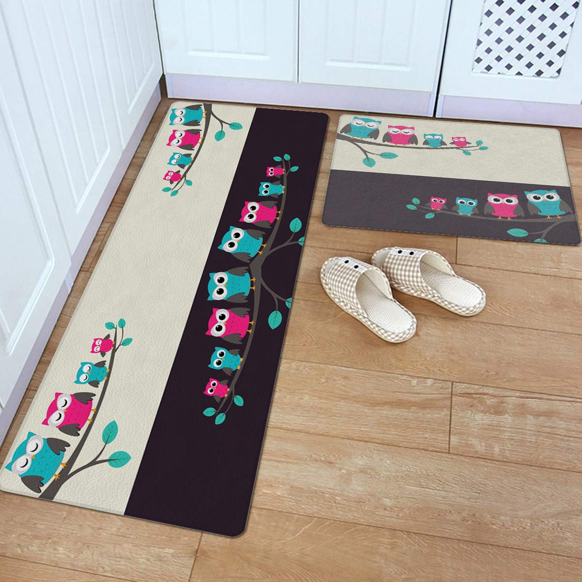 Fantasy Star 2-Piece Non-Slip Kitchen Rugs Set - Cute Cartoon Owl Design, Durable & Waterproof Anti-Fatigue Floor Mats for Kitchen, 18