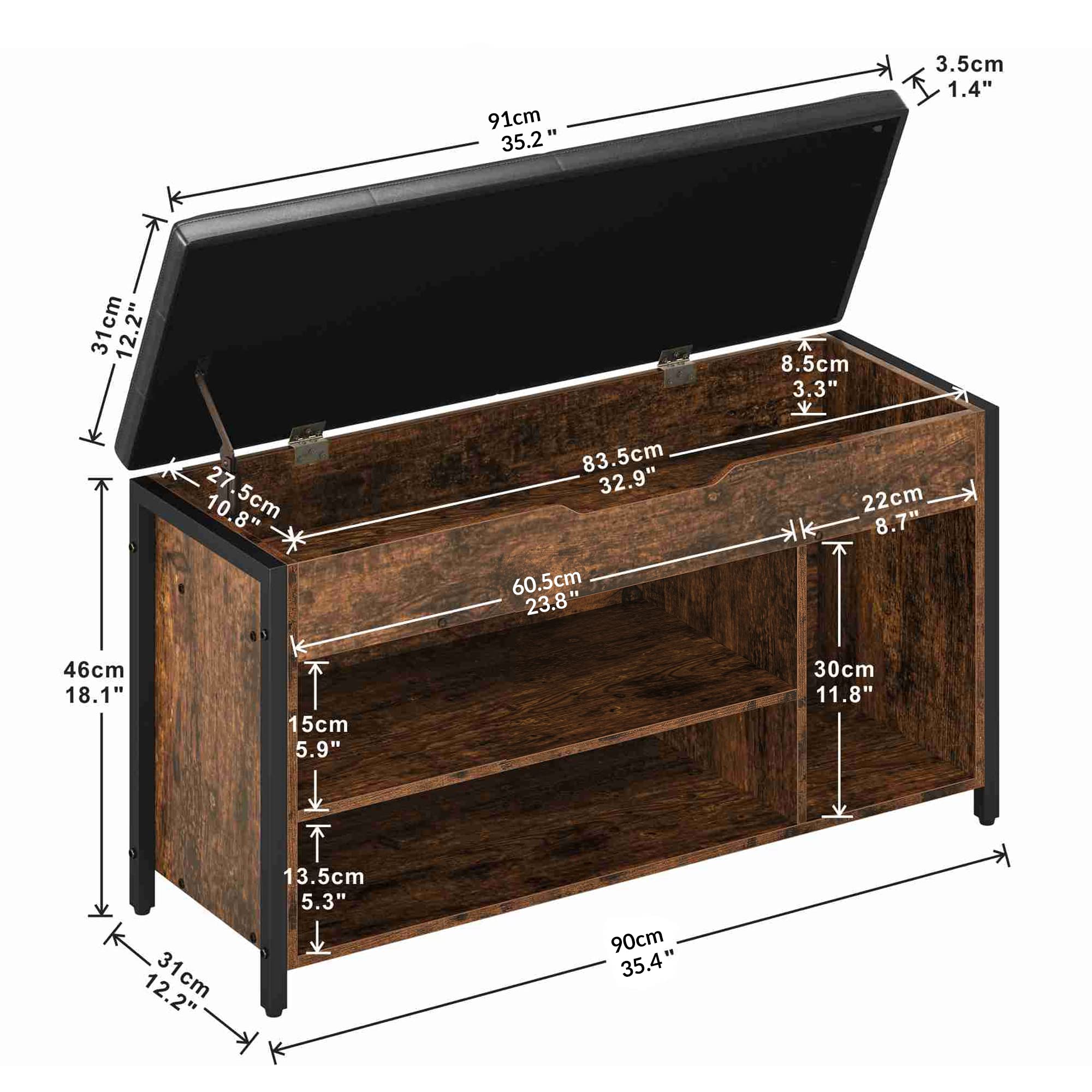 Multi-Functional Shoe Storage Bench with Lift Top & Adjustable Shelf - 35.5