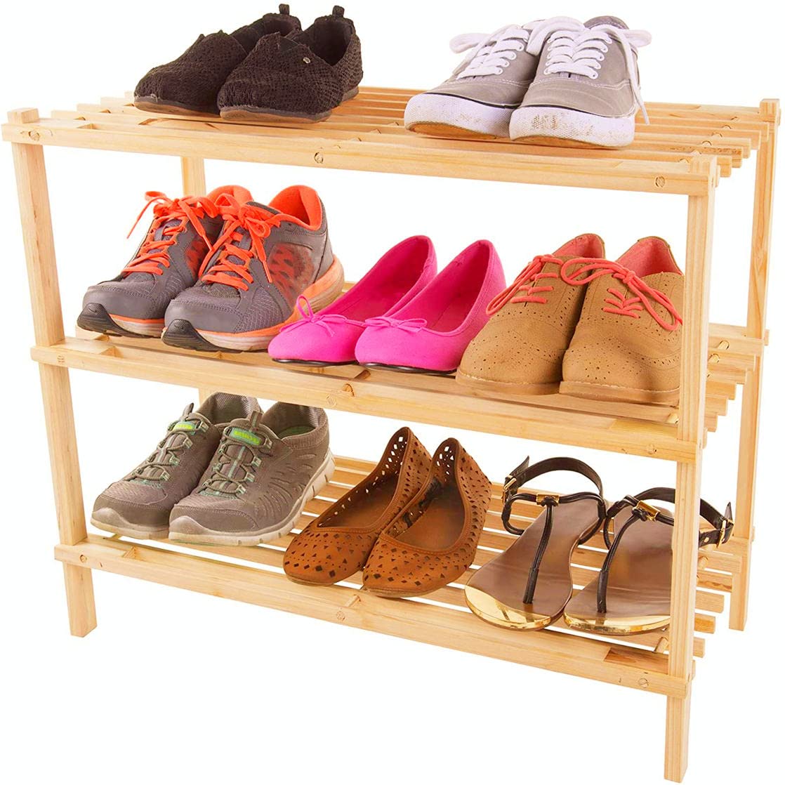 3-Tier Stackable Wooden Shoe Rack Organizer - Premium Natural Wood Shoe Shelf for Closet, Hallway, Living Room & Entryway Storage - Perfect for Small Spaces & Home Organization