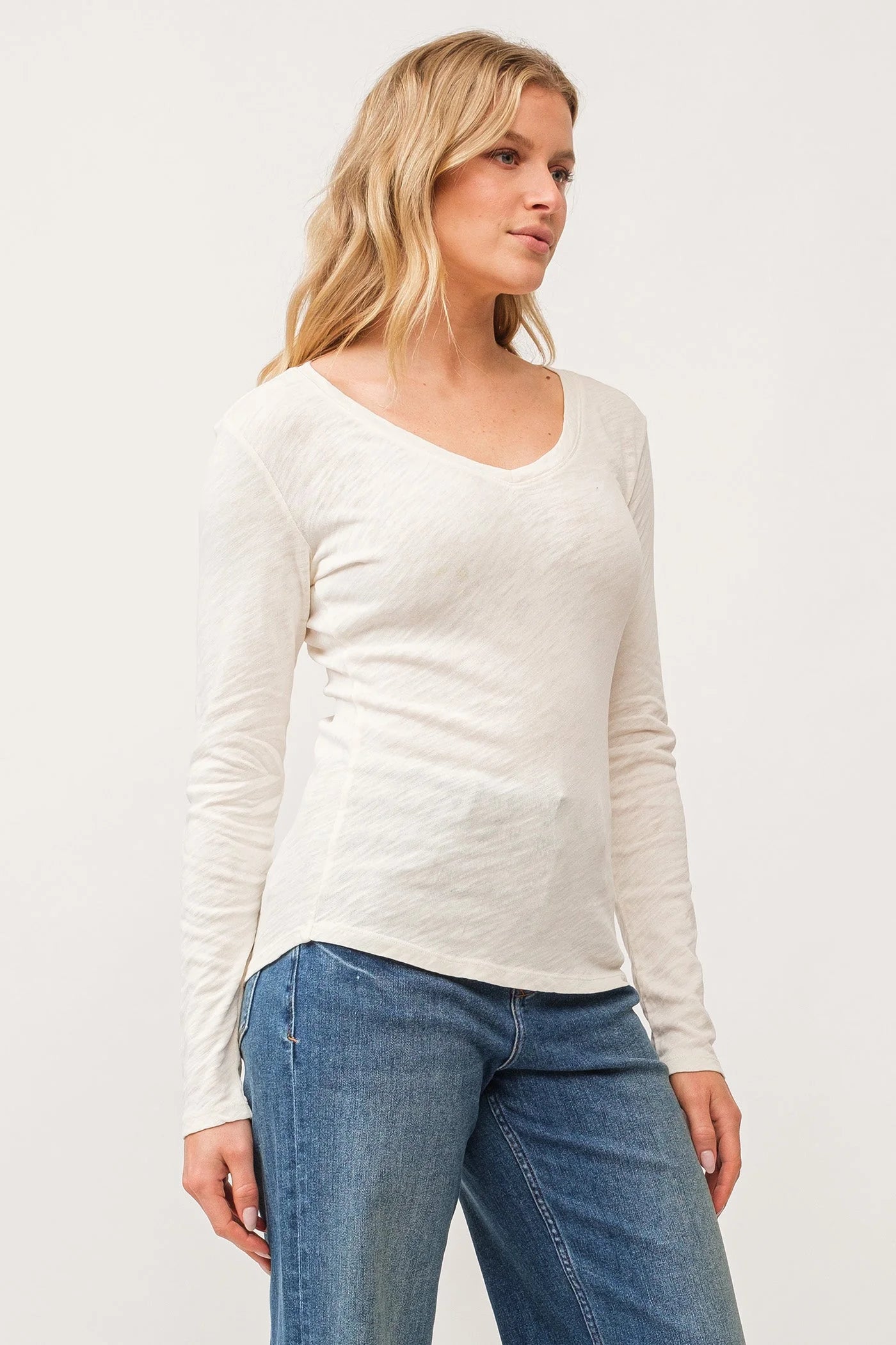Alina V Neck Long Sleeve T-Shirt for Women - Soft Cotton Casual Top in Antique White | Perfect for Everyday Wear, Office & Date Night Outfits
