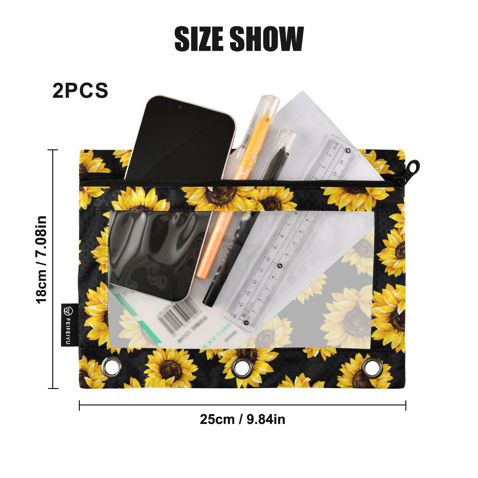 Gredecor Floral Sunflower Zipper Pencil Pouch - 2 Pack Clear 3-Ring Binder Organizer for School, Office Supplies | Perfect for Notebooks, Planners & Backpack Organization
