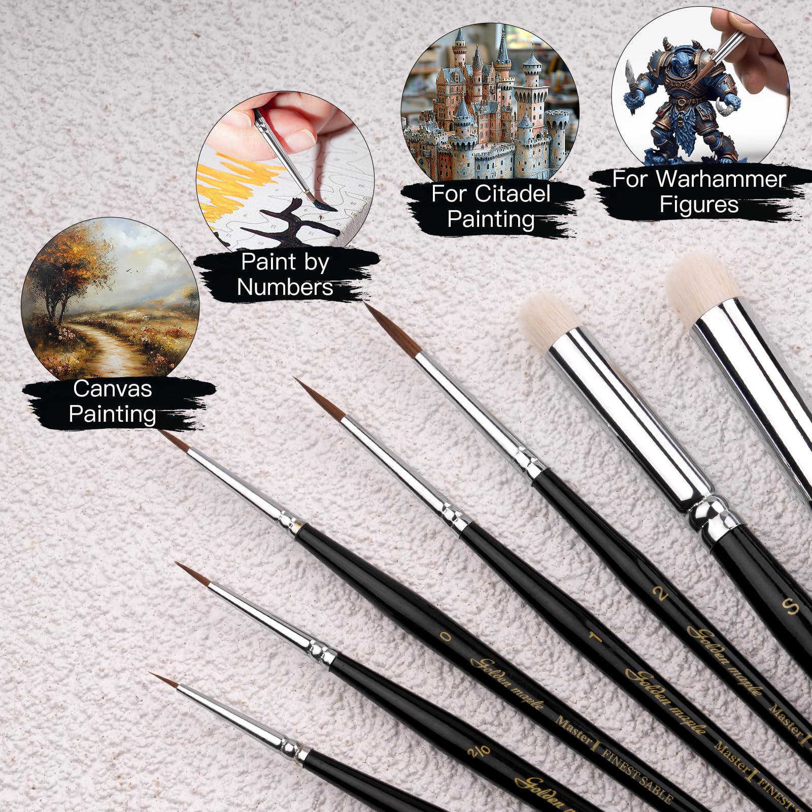 Kolinsky Sable Miniature Paint Brushes Set - 7pcs Golden Maple Fine Detail Brushes for Acrylic, Watercolor & Mini Paints | Professional Drybrushing & Detailing Tools for Artists, Model Painting & Miniature Art (Black)