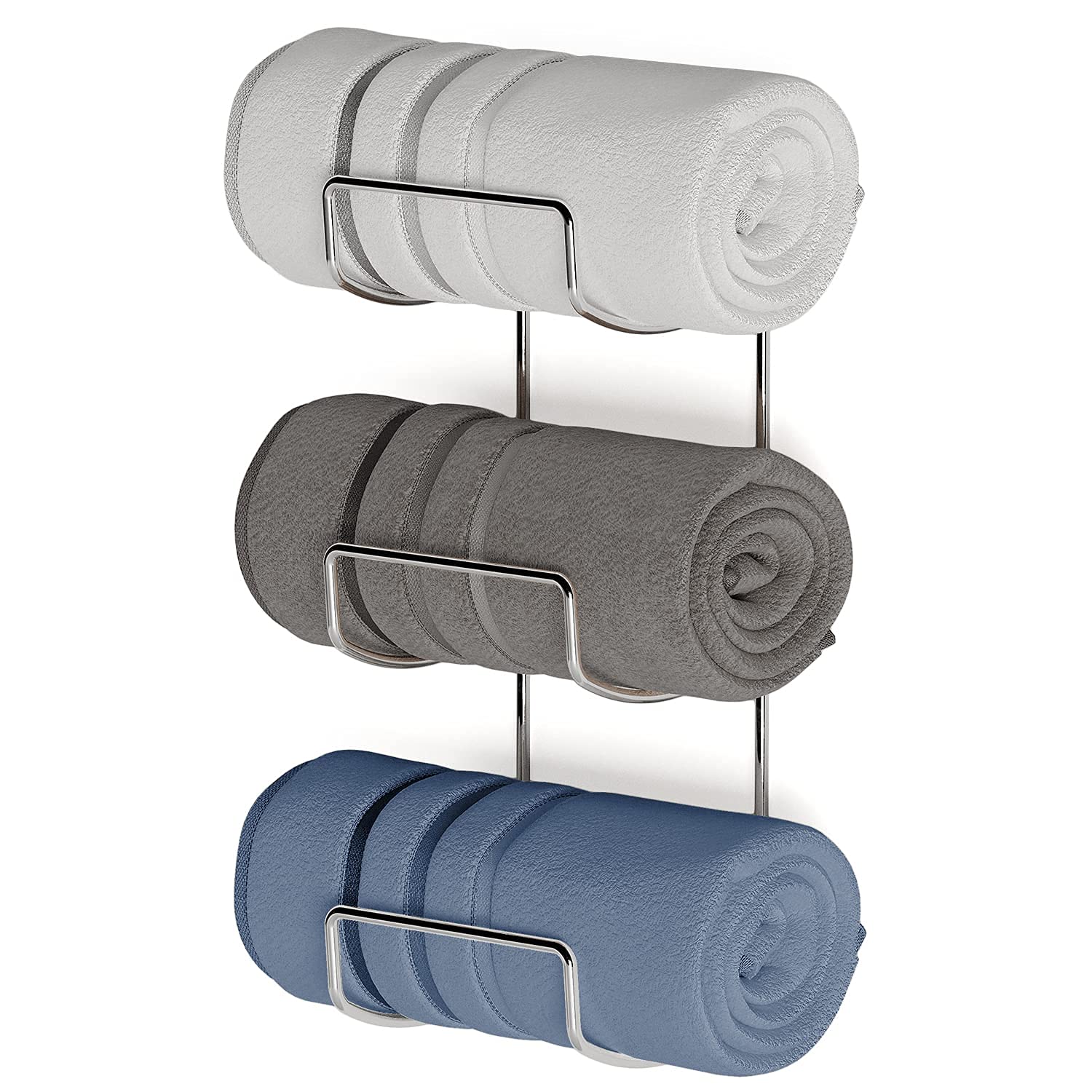 Wall Mounted Bathroom Towel Rack Organizer - 3 Section Chrome Towel Holder for Bath & Hand Towels | Space Saving Bathroom Storage Solution for Small Spaces & Apartment Living