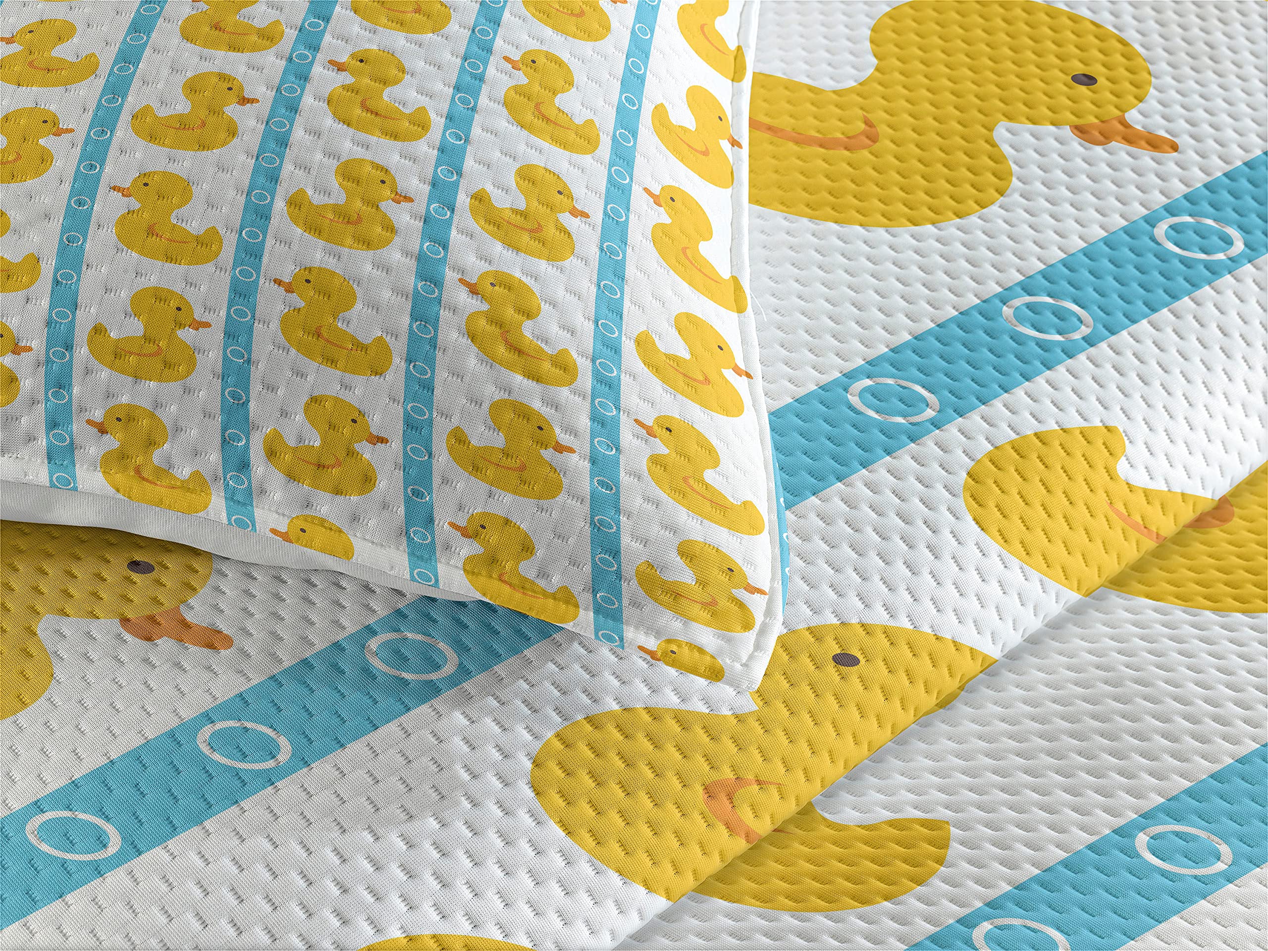 Ambesonne King Size 3-Piece Quilted Bedspread Set with 2 Pillow Shams - Rubber Duck Design with Stripes and Circles Pattern, White - Perfect for Kids' Rooms, Nursery Decor, and Whimsical Bedroom Themes