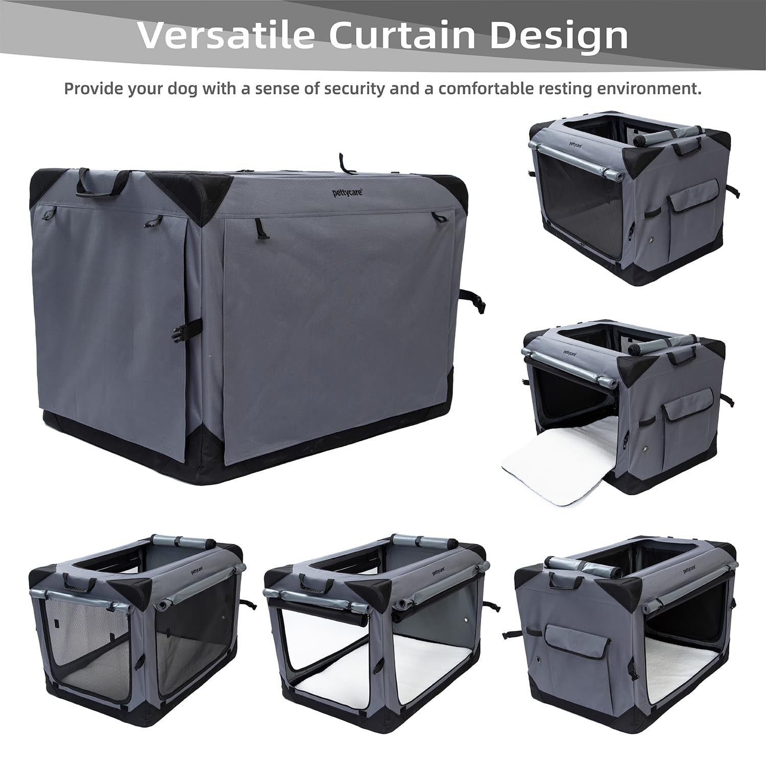 42 Inch Collapsible Dog Crate with 4 Door Curtains - Portable Soft Pet Kennel for Travel, Chew Proof Mesh for Indoor & Outdoor Use - Grey (Includes Carry Bag) - Perfect for Car Trips, Camping & Home Comfort
