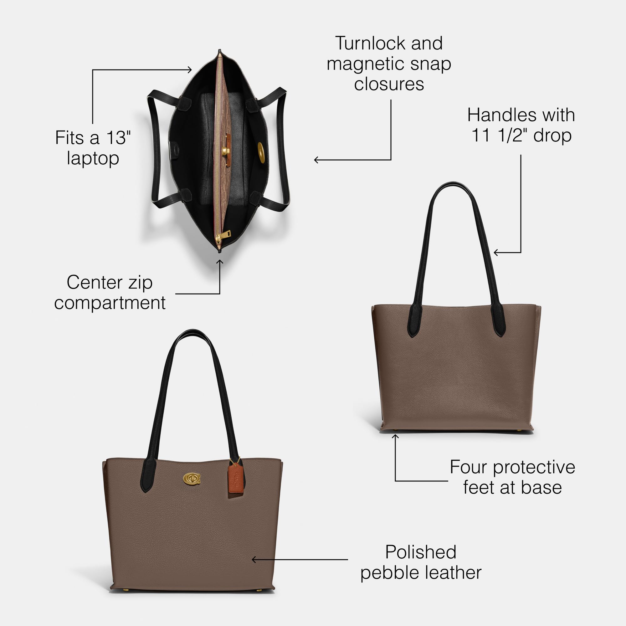 Coach Willow Tote Bag in Dark Stone - Premium Leather Handbag for Women | Perfect for Work, Travel & Everyday Use