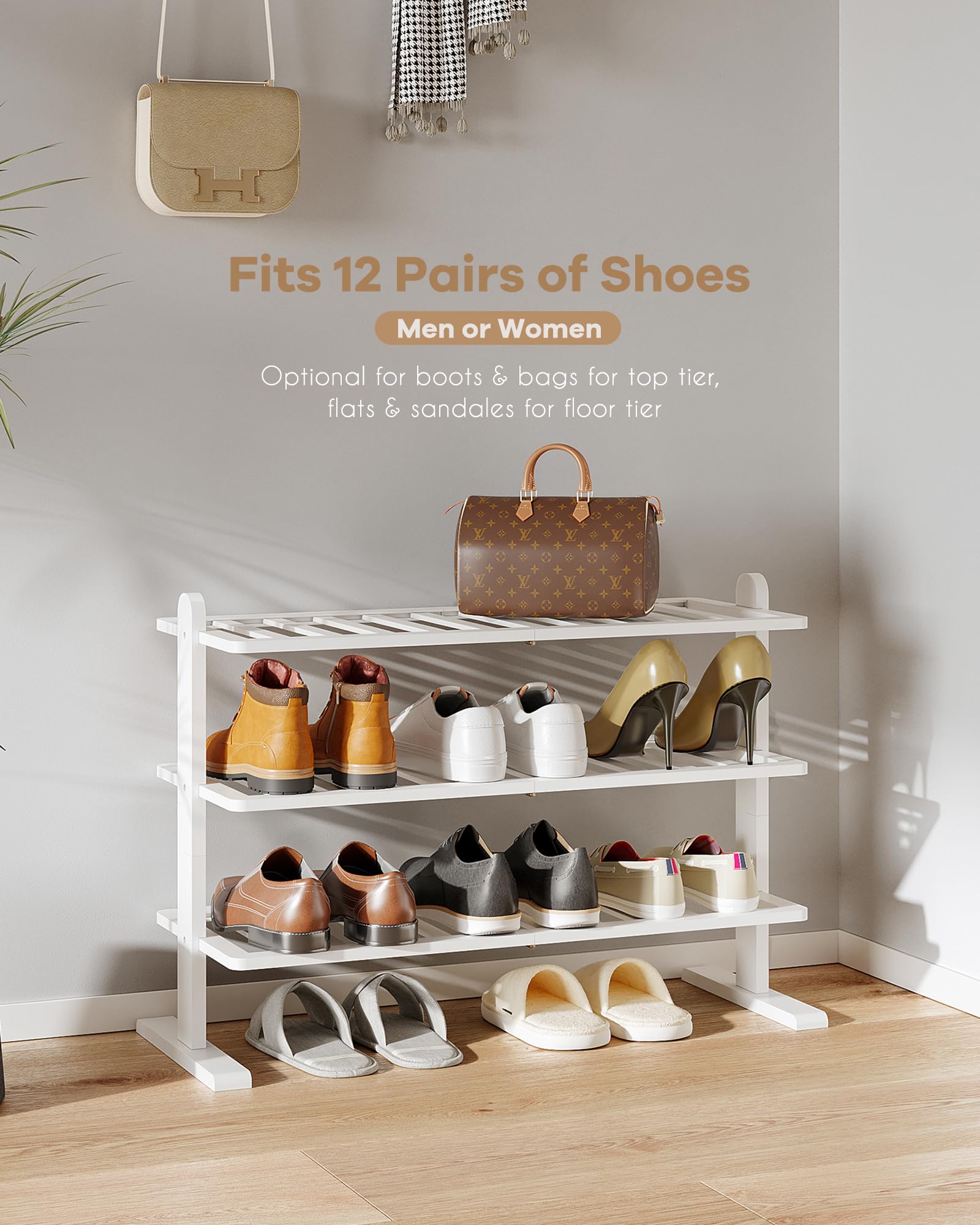 Varhomax 3-Tier White Bamboo Shoe Rack Organizer - Sturdy Free Standing Shoe Shelf for Small Spaces - Perfect for Closet, Entryway, Bedroom, Bathroom & Garage Storage - Ideal for Organizing Sneakers, Boots & Sandals in Compact Areas